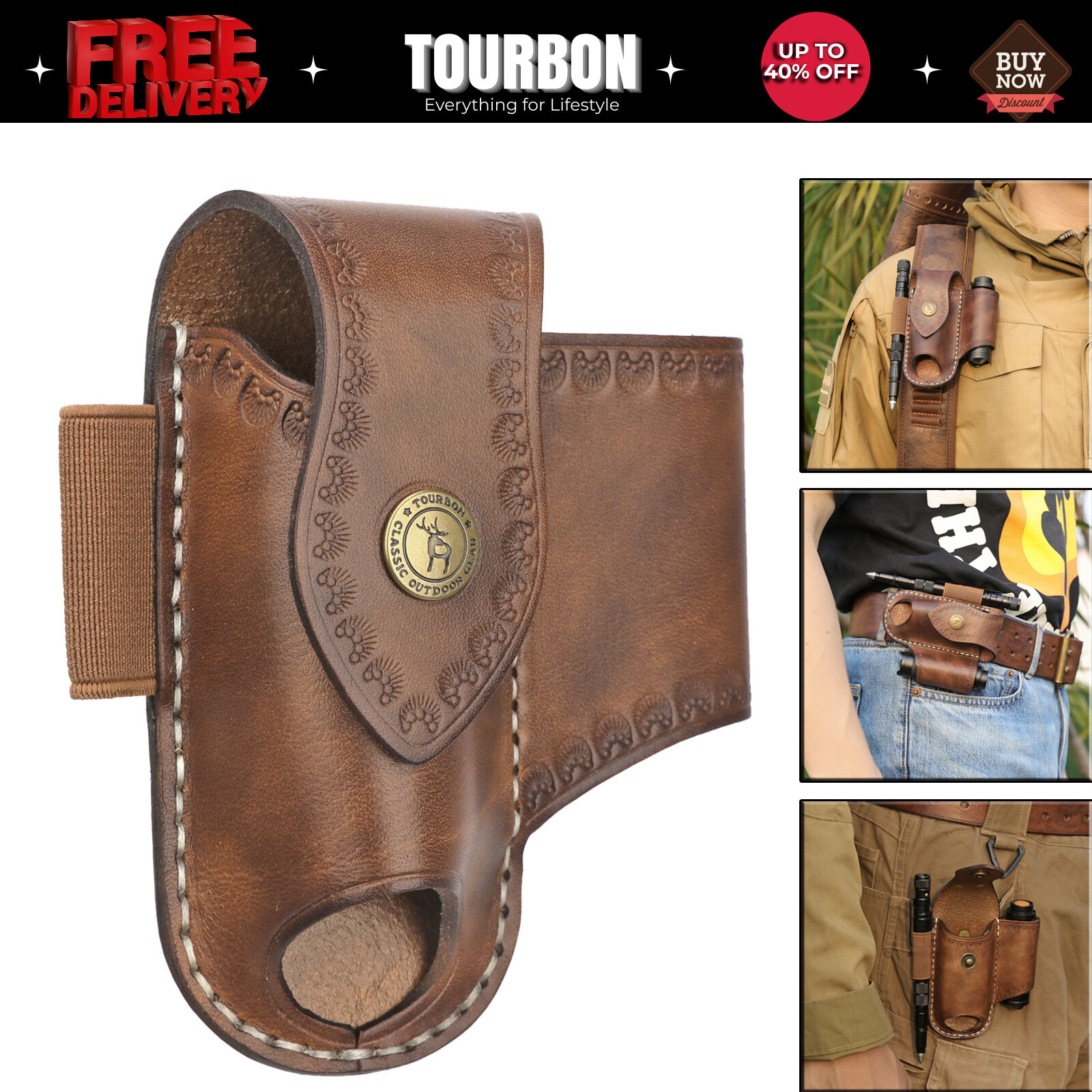 TOURBON Leather Knife Sheath EDC Belt Pouch Pocket Knives Holster-Daily Deals