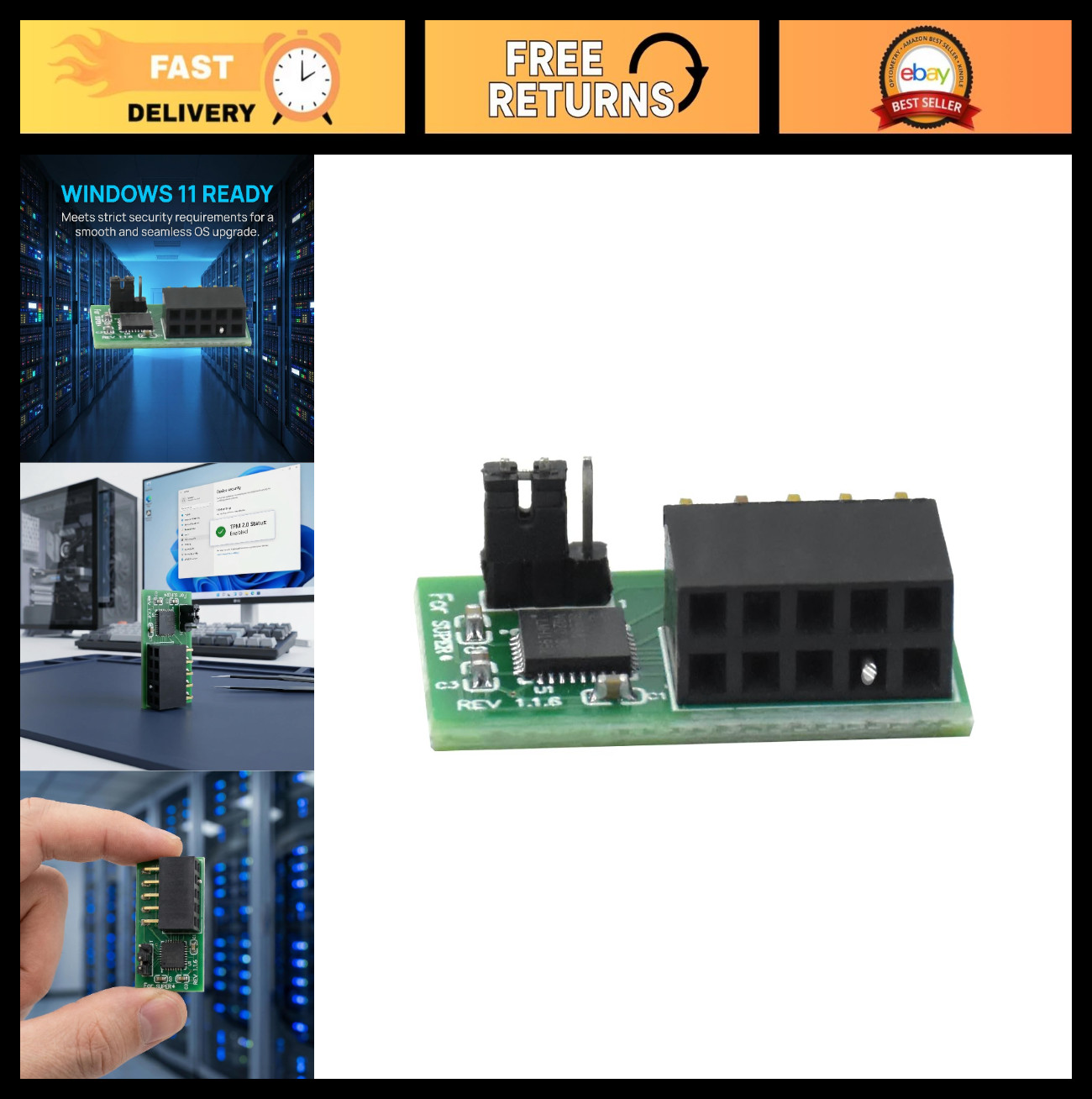 TPM 2.0 Module, 10-Pin SPI Interface, Vertical Connector for Windows 11, Secure