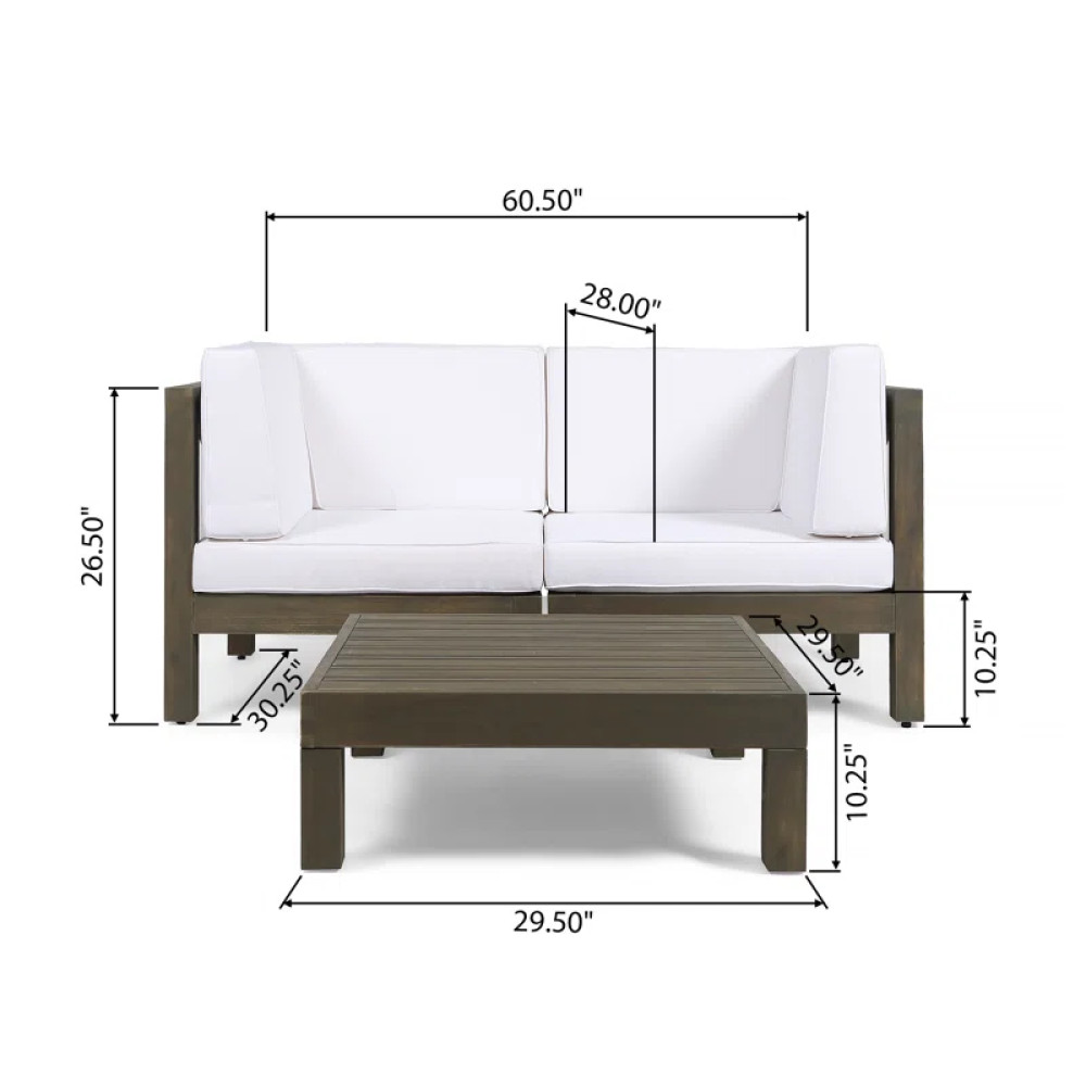 3-Piece Loveseat Set w/ Coffee Table for Porch, Acacia Wood Frame, White
