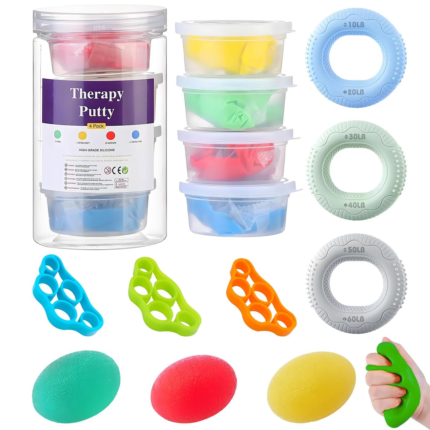 Hand Therapy Putty Kit, Grip Strength Trainer, Forearm Strengthener, Stress B...