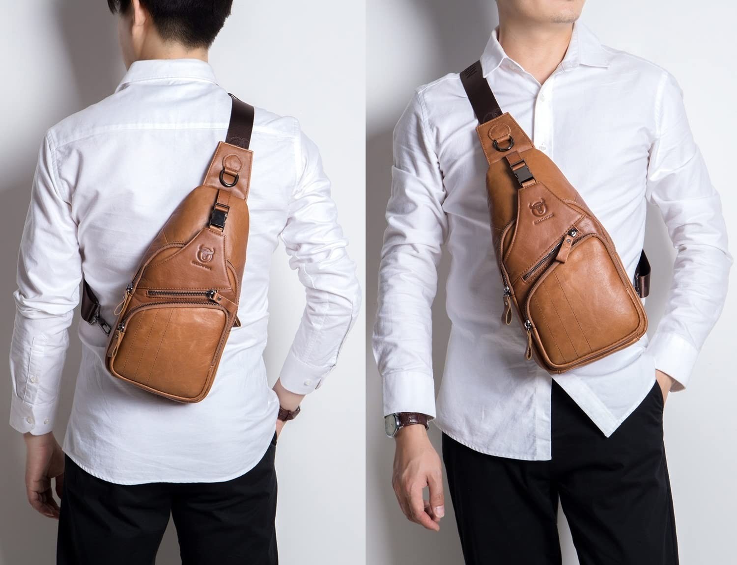 Men Sling Chest Bag Genuine Leather Casual Multipurpose Crossbody Shoulder Ba...