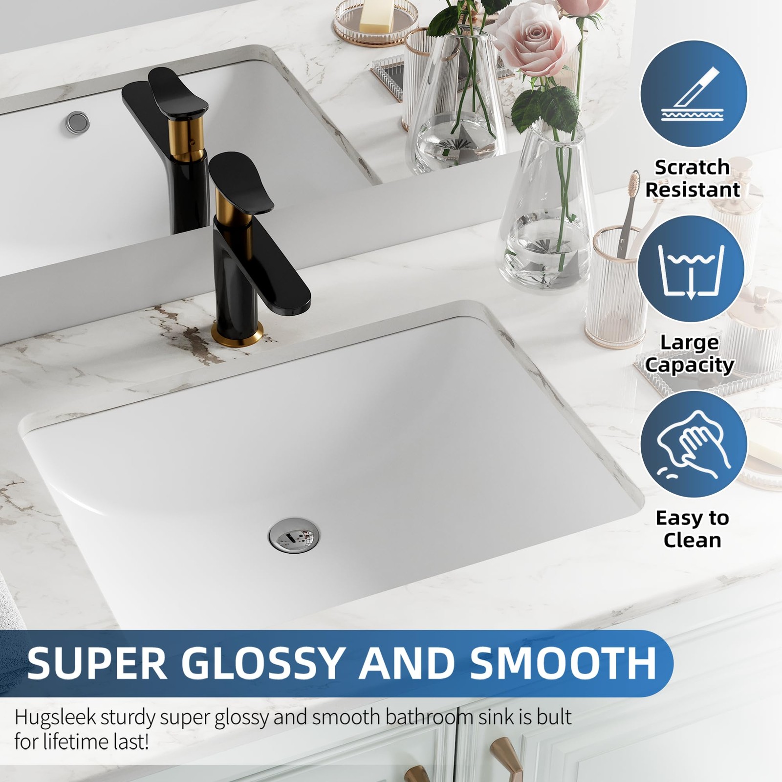 Hugsleek 18x13 Undermount Bathroom Sink White Ceramic Rectangle Basin