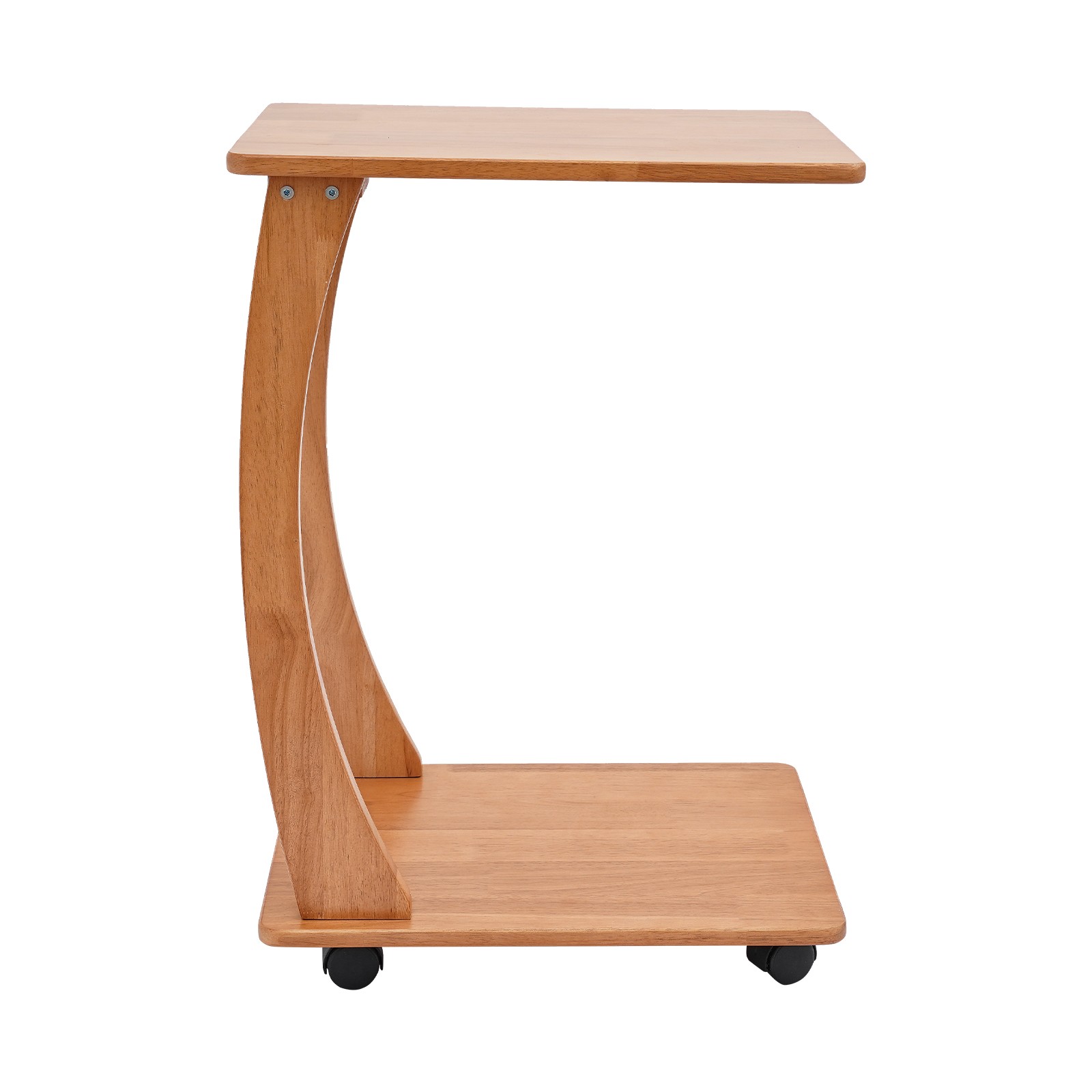 Solid Wood End Table With Rolling Wheels, C Shaped Side Table, Tv Tray Table