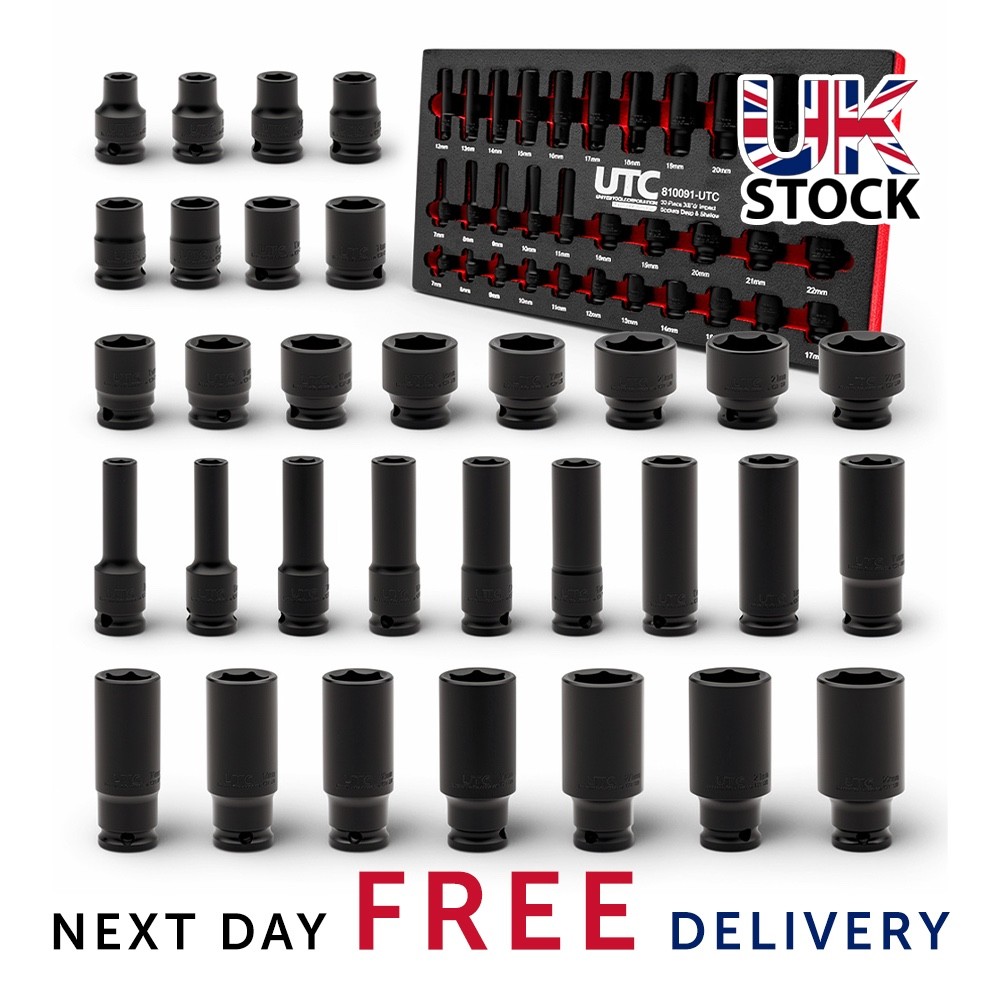 Socket Set Impact 3/8 Drive 32 Piece Deep Shallow 7-22mm EVA Foam Tray UK