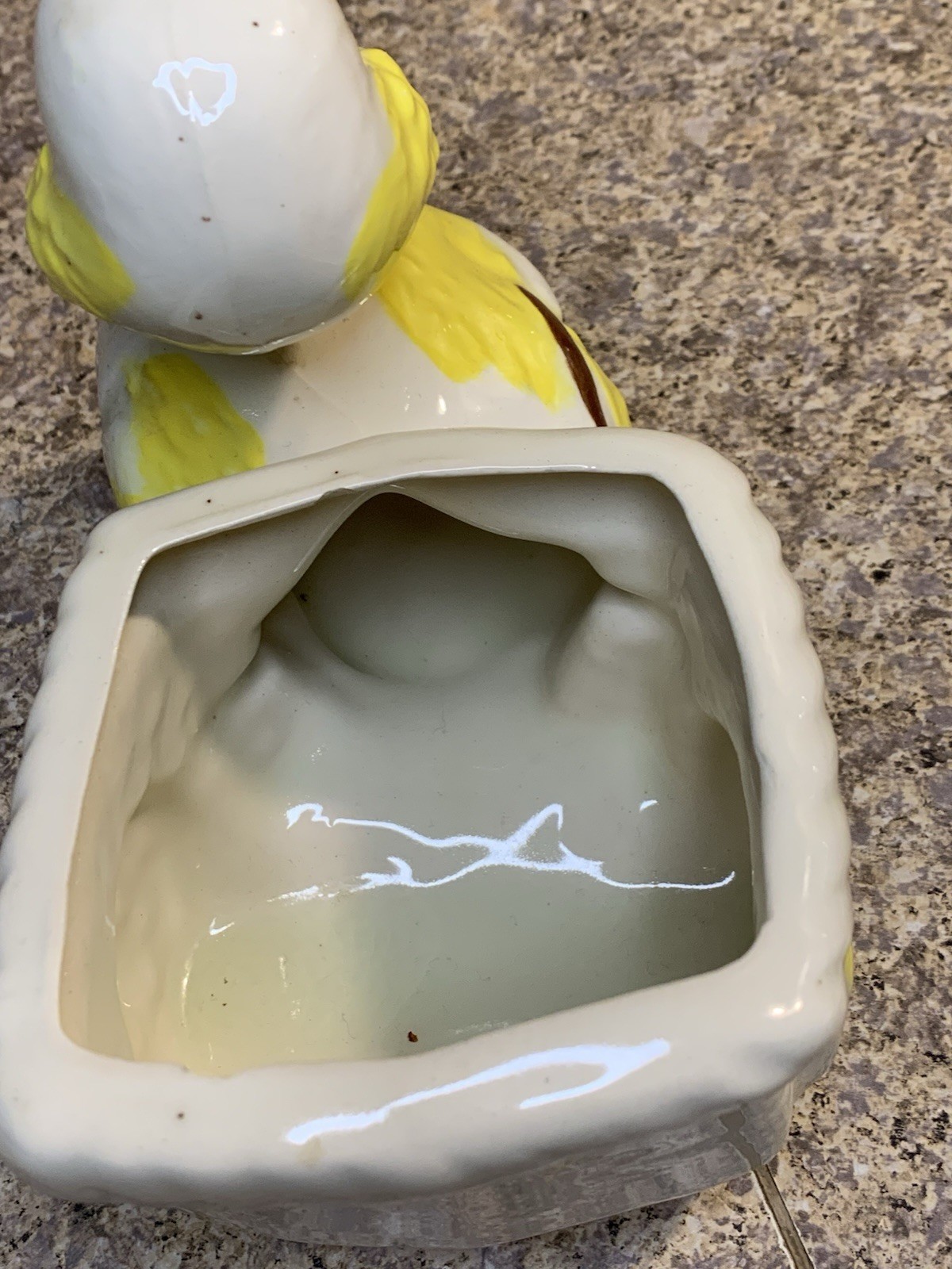 Vtg MCM Glazed Ceramic Duck Pulling Cart Planter - READ