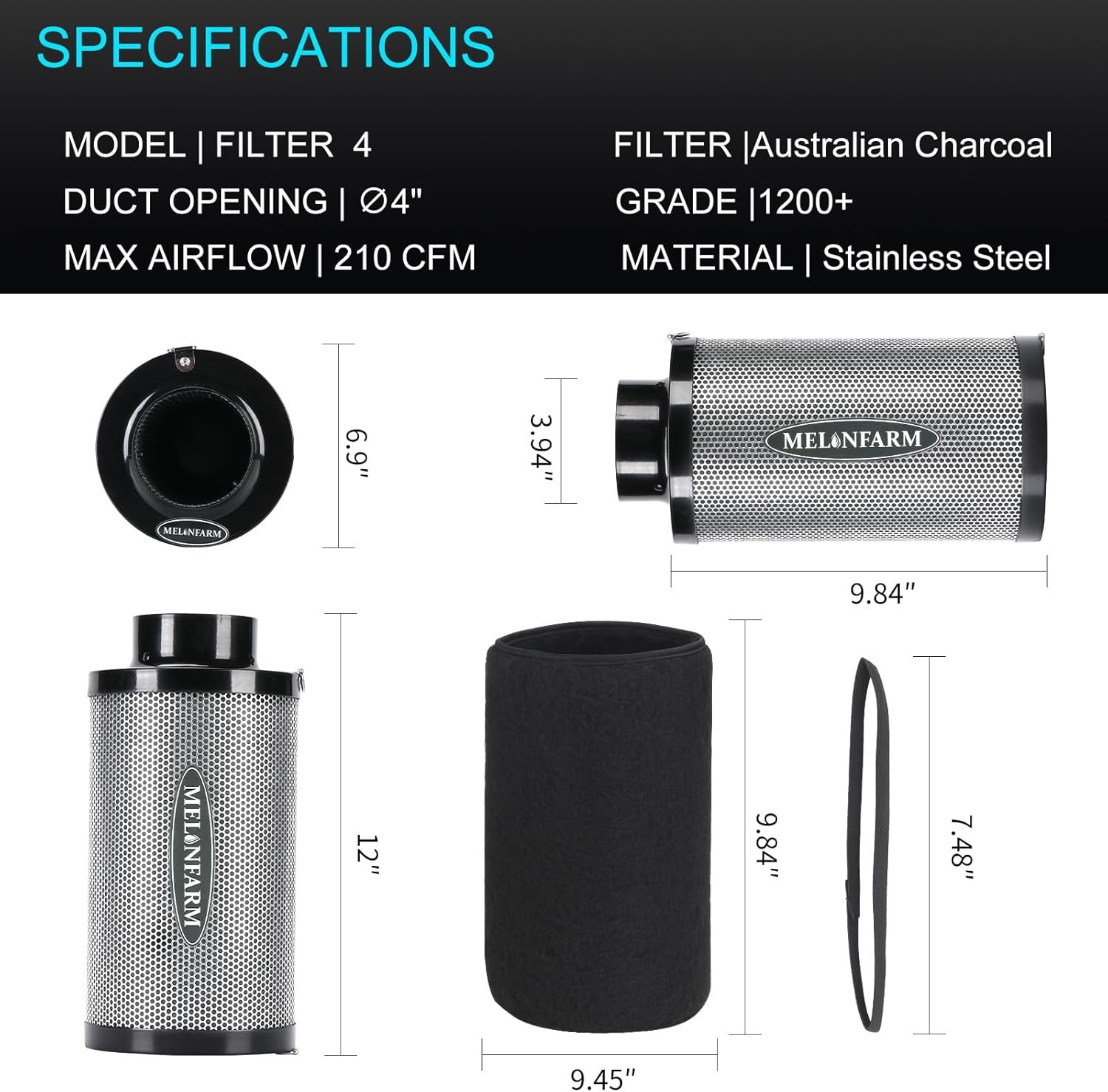 MELONFARM 4 Inch Air Carbon Filter Smelliness Control with Australia 4