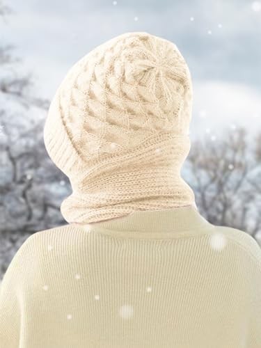 Integrated Ear Protection Windproof Cap Scarf Elastic Knitting Thick Beige