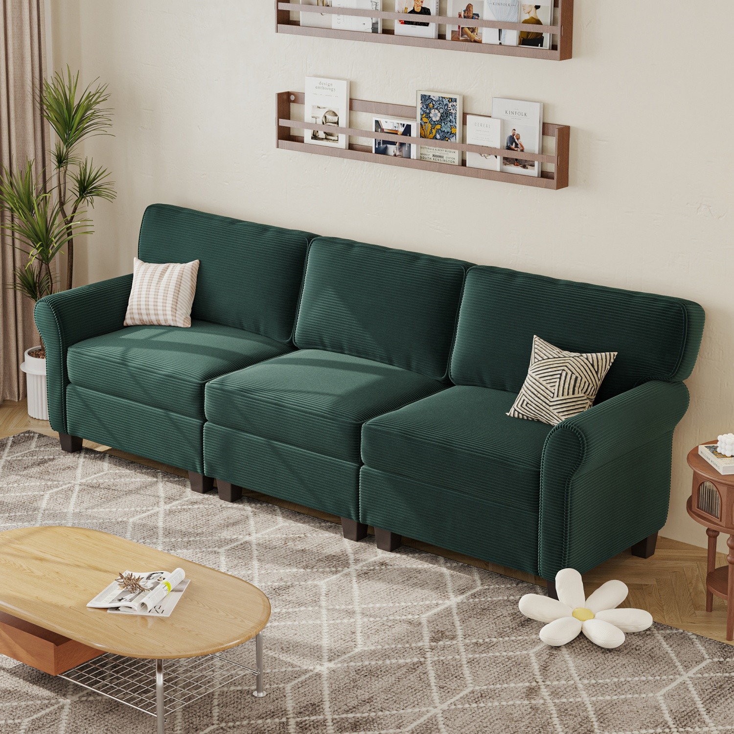 3-Seater Sofa Corduroy Upholstered Deep Seats Couch w/ Arms & Removable Cushions
