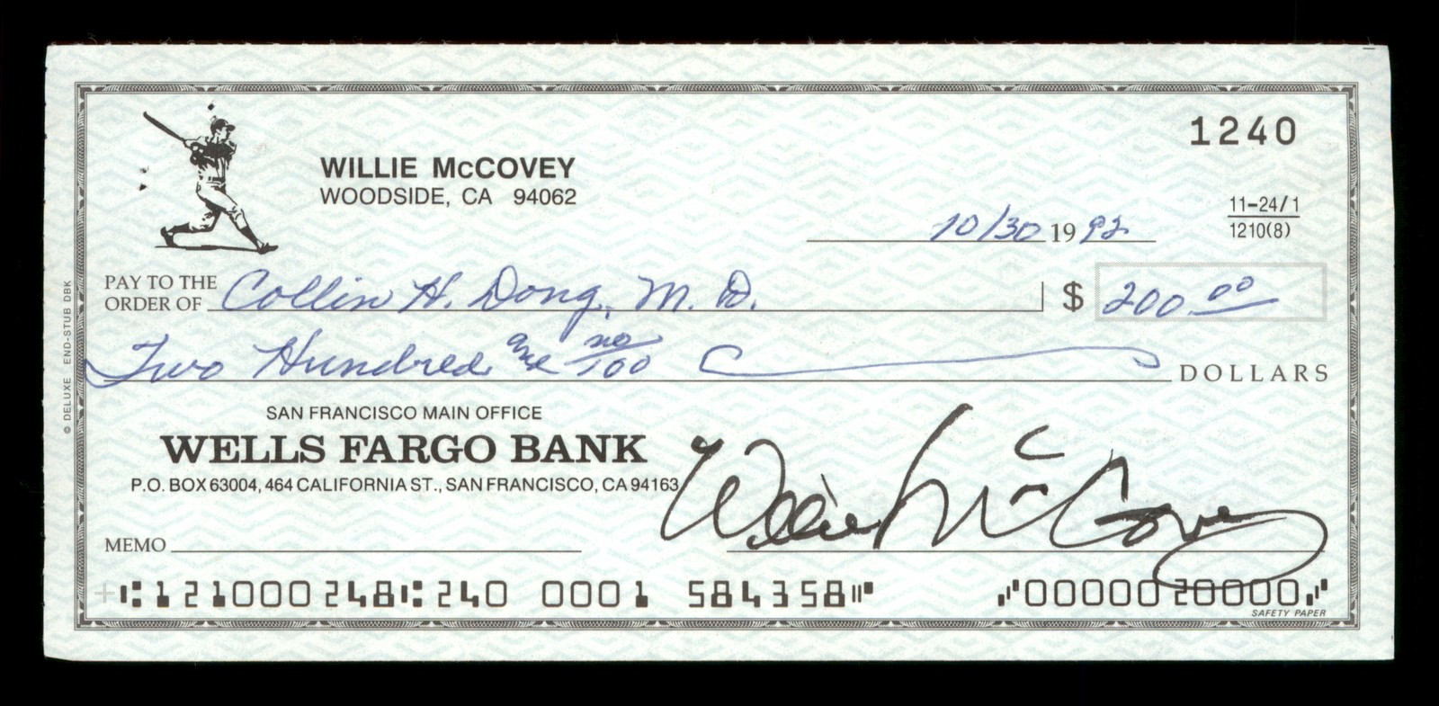 Willie McCovey Autographed Signed 2.75x6 Check San Francisco Giants 1240