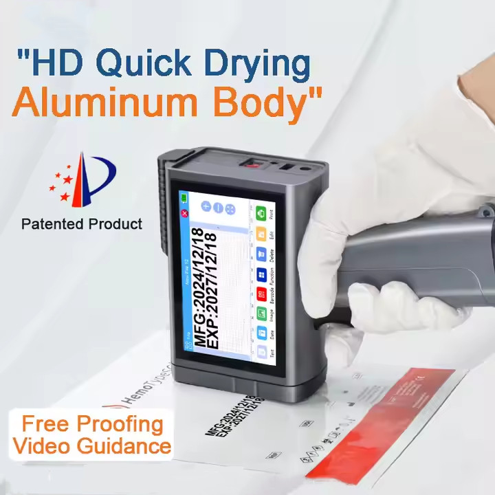 Half inch nozzle handheld inkjet printer prints text, batch number, barcode-