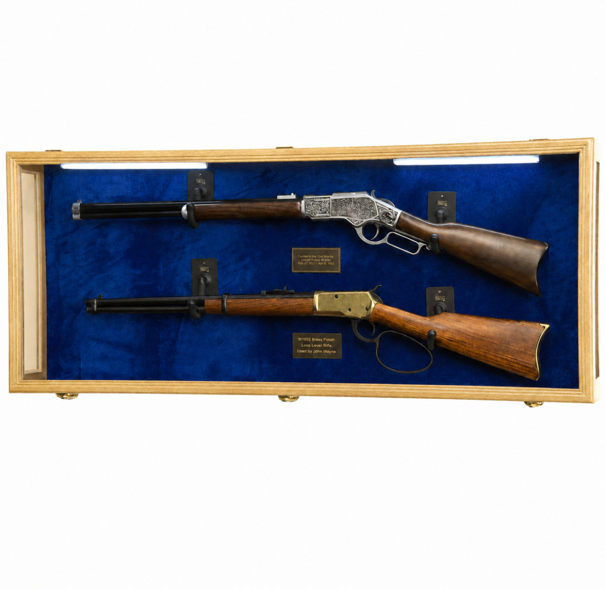 44.5in Double Rifle Display Case Oak Wood LED Lighted Locking Cabinet Blue Felt
