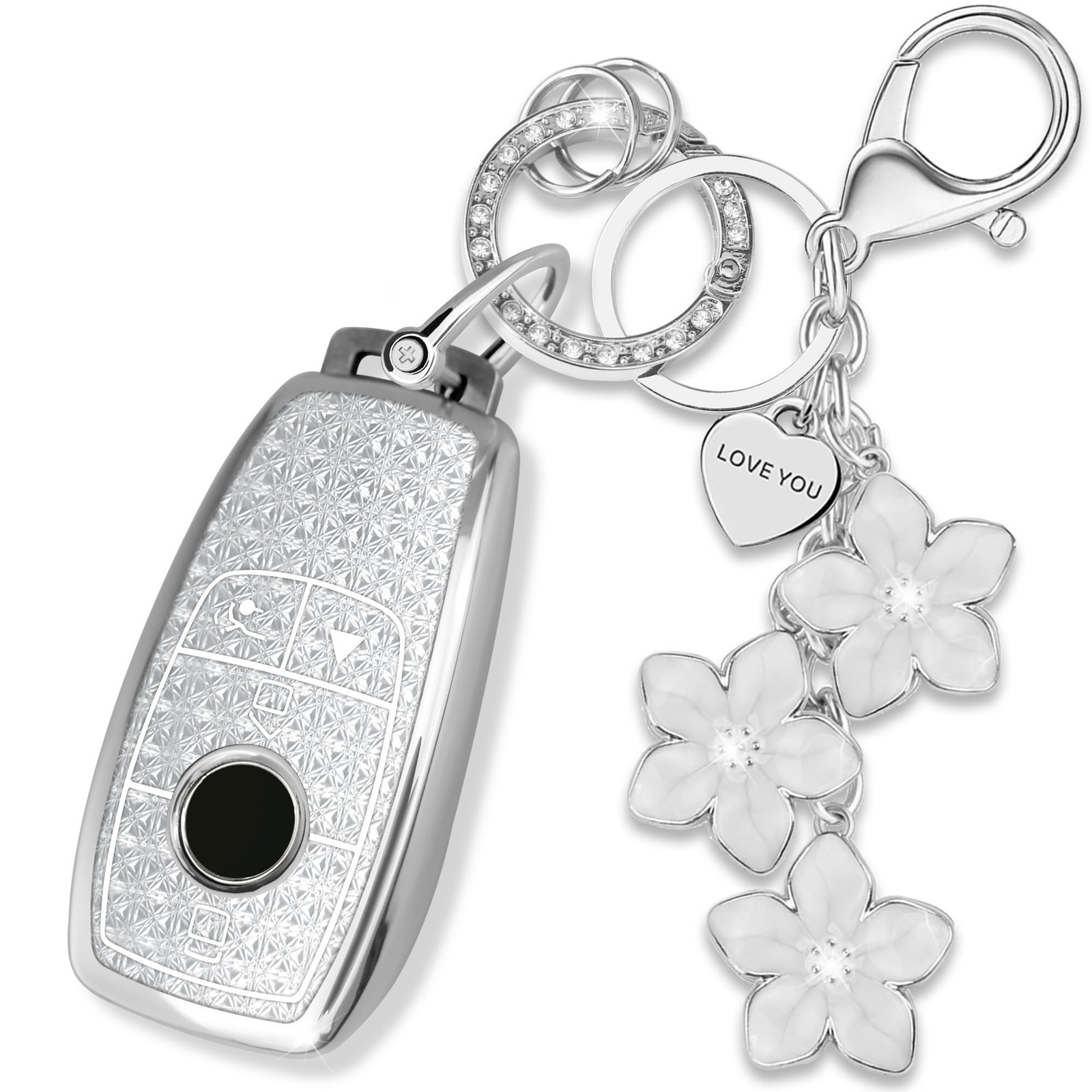 Yekoubo Silver TPU Key Fob Cover with Sakura Flower Keychain Silver-sk
