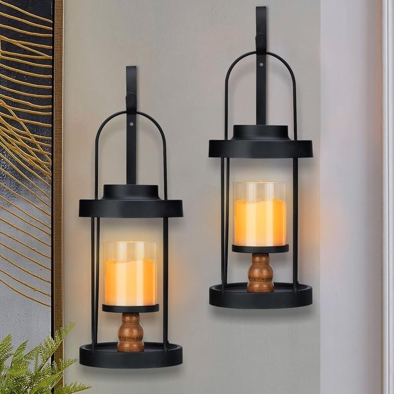 Set of 2 Wall Sconces W/ Flickering LED Candles Timer Function Black Metal New
