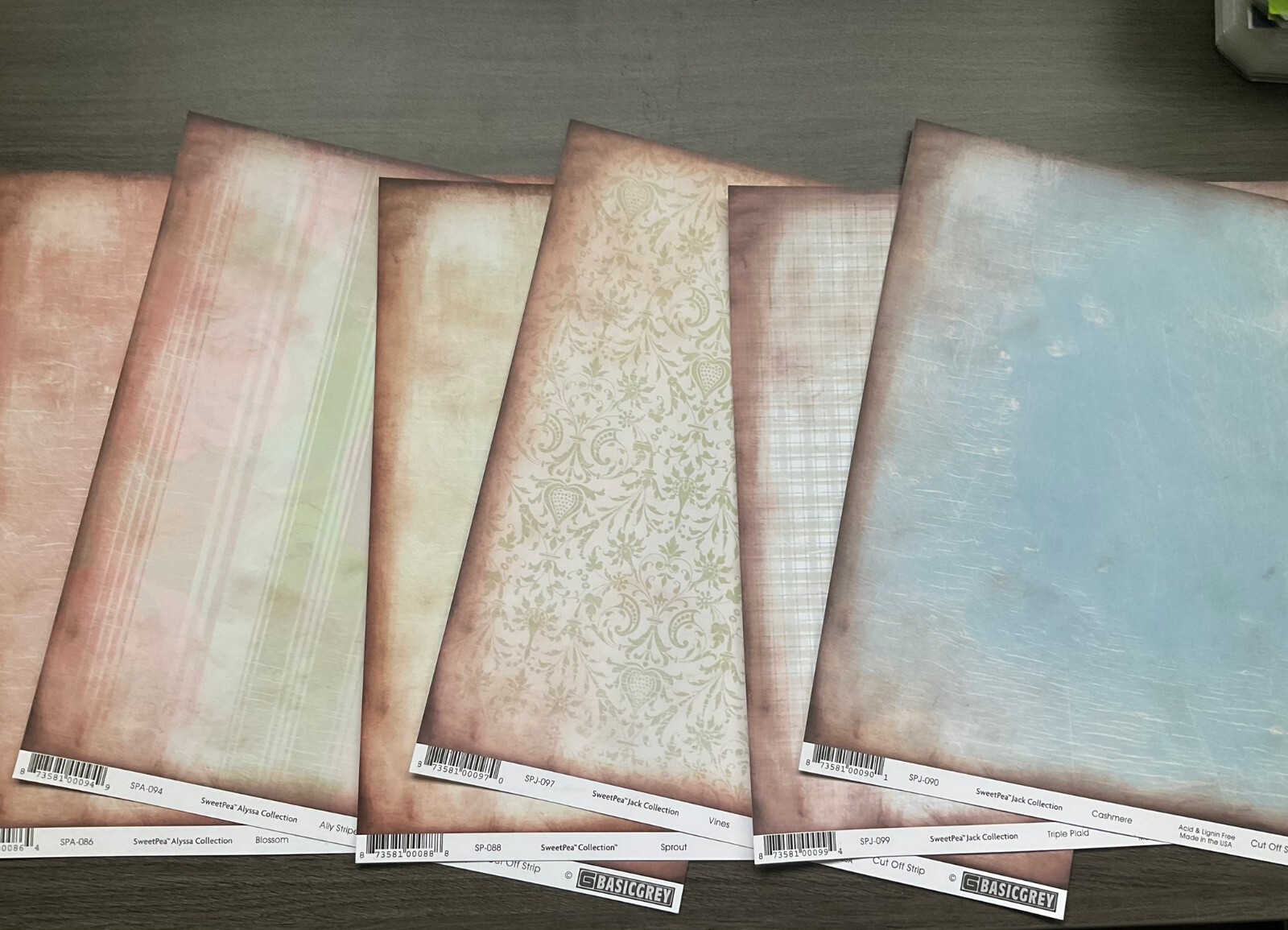 Twelve BASIC GREY brand 12"x12" Loose Scrapbook Paper Sheets - SweetPea $18