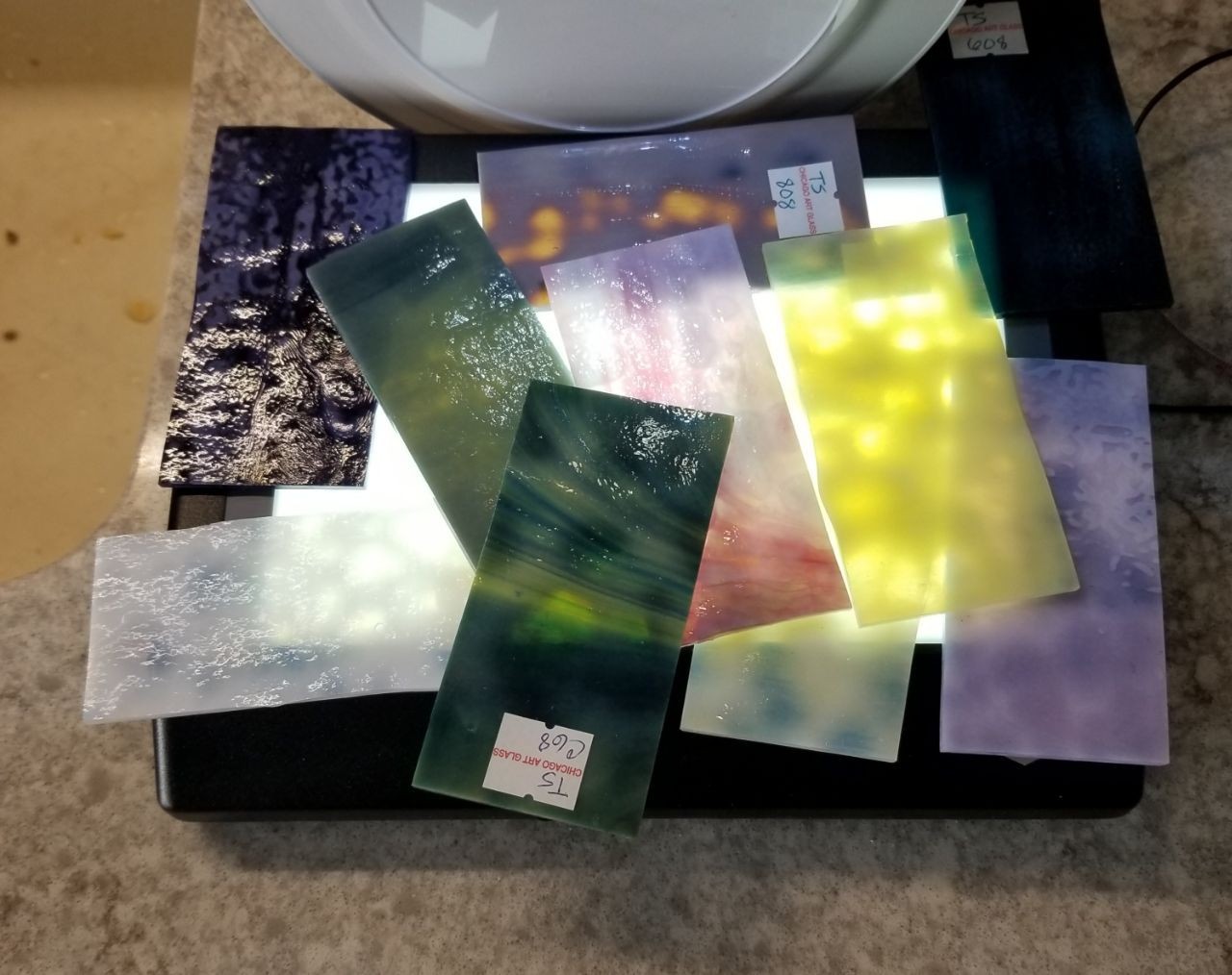 LOT OF 10 STAINED GLASS SAMPLES ripple CHICAGO ART GLASS mosaic 2"x4" suncatcher