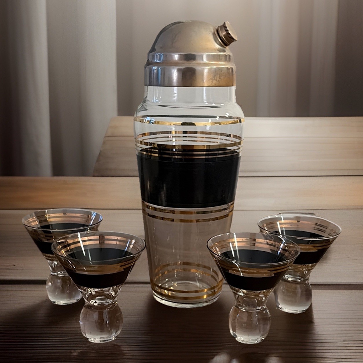 Vintage Mid Century Cocktail Glass Shaker Set Black &  Gold  4 Cordial Shooters