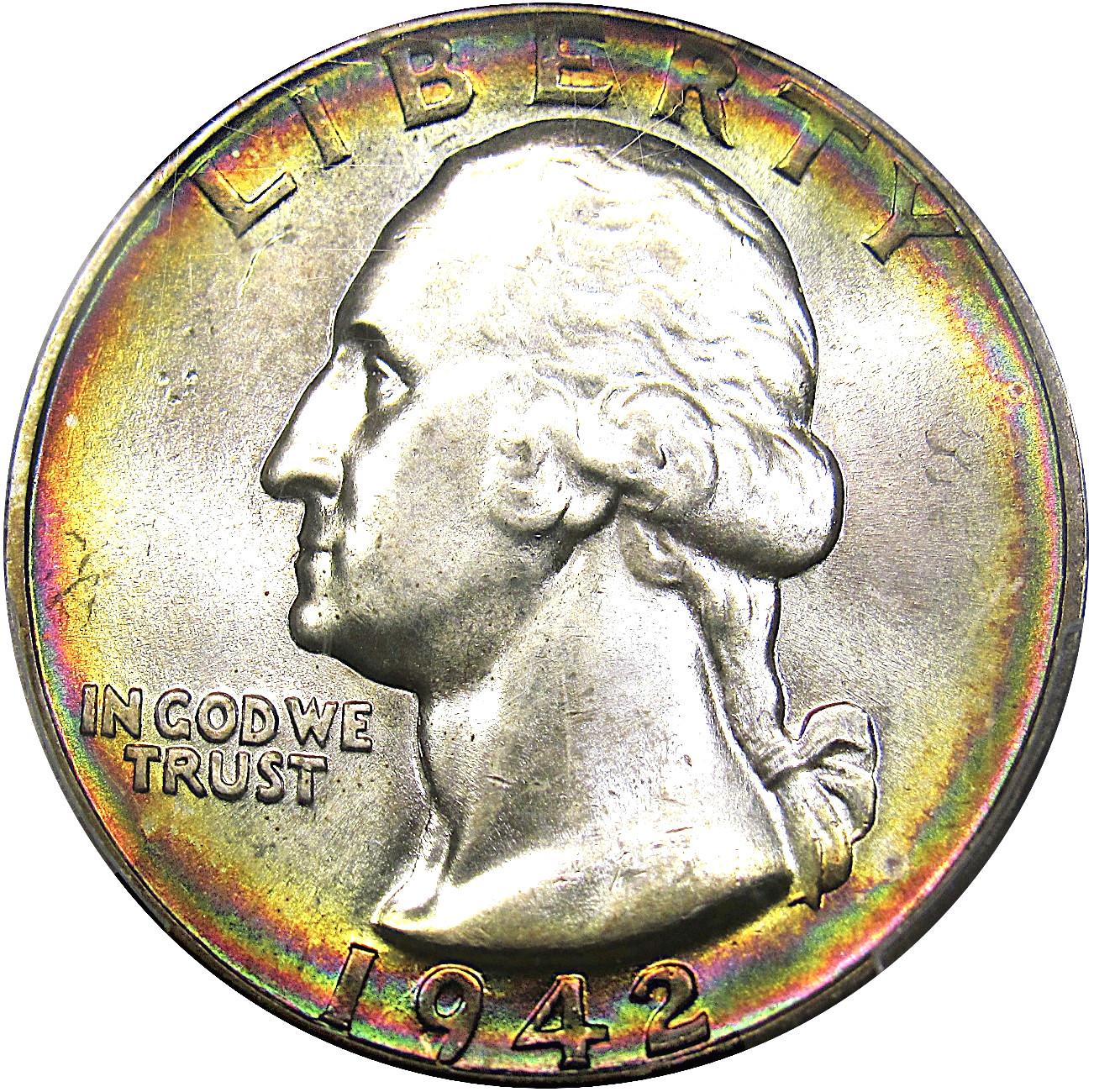 1942-D 25C PCGS MS65 SILVER WASHINGTON ~ NEON RAINBOW OBV RIM!