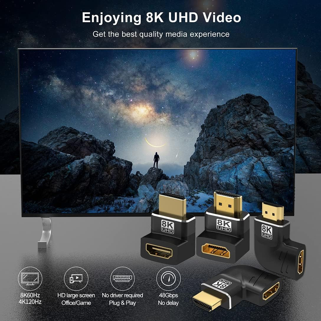 4 Pack 8K HDMI 2.1 Male to Female Adapter Connector up down Left Right Angle 90