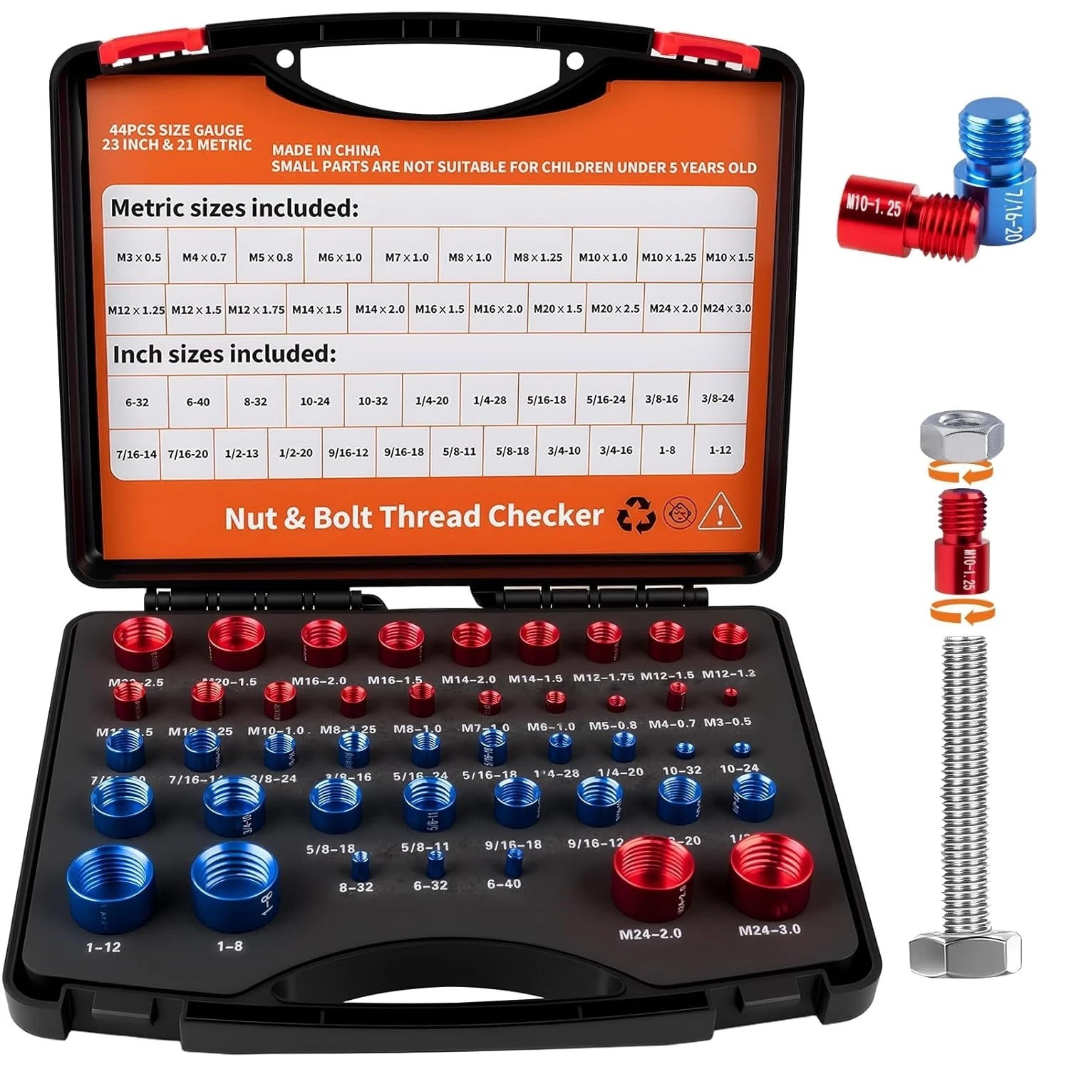 44pcs Inch & Metric Set Nut & Bolt Thread Checker Identifier Thread Gauges Box