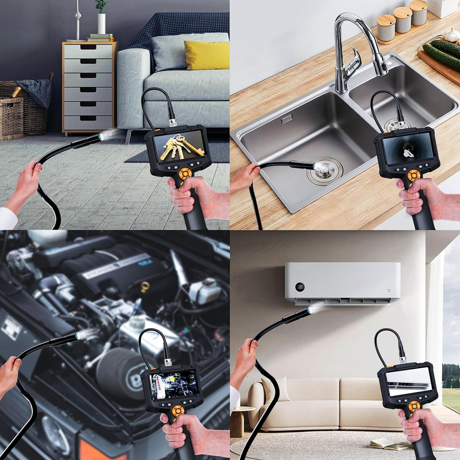 Endoscope Camera with Light, 1080P HD Borescope with 8 Adjustable Lights, 4.3" E