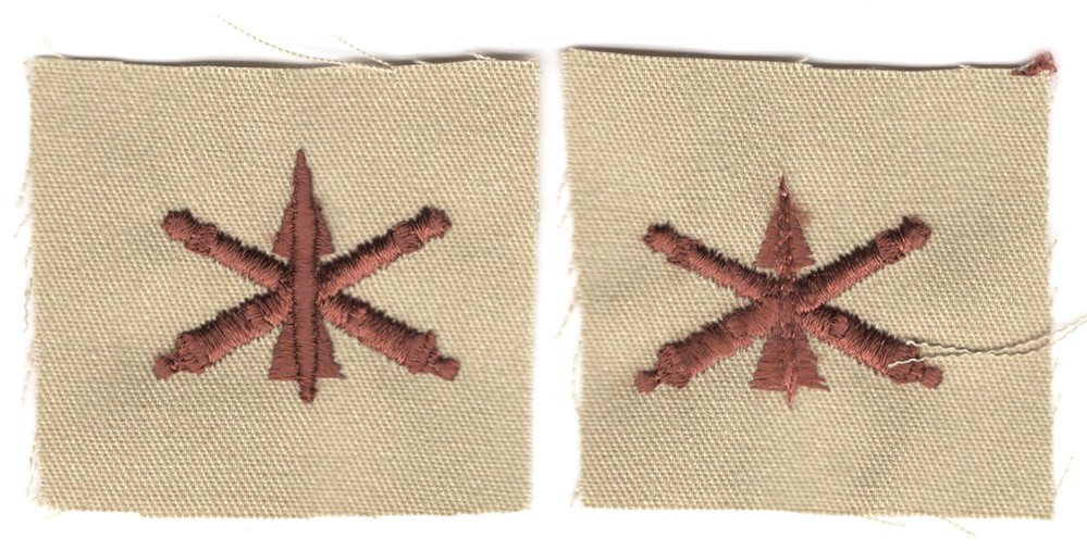 Cloth Army Collar Badge:  Air Defense Artillery Officer, pair - brown on tan