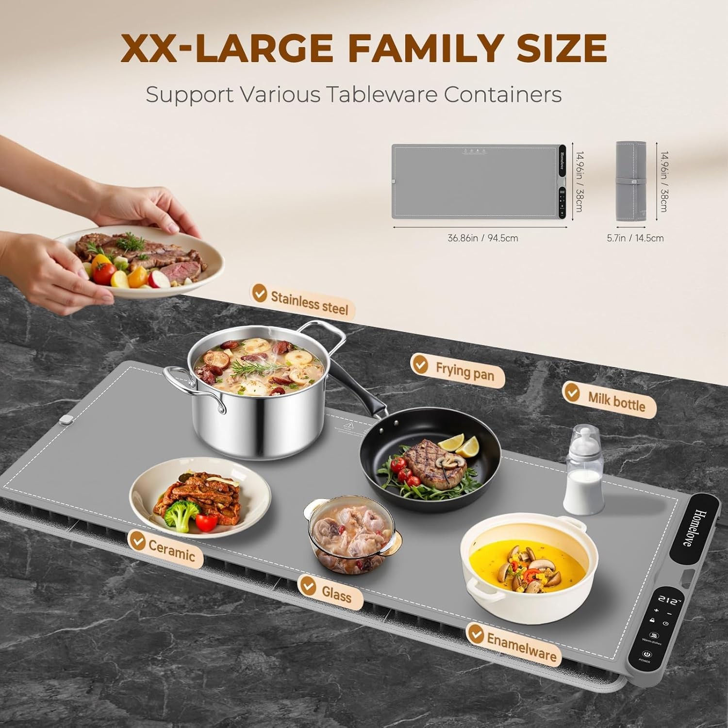H Food Warming Mat - 7 temperature settings and 8-hour timer, gray