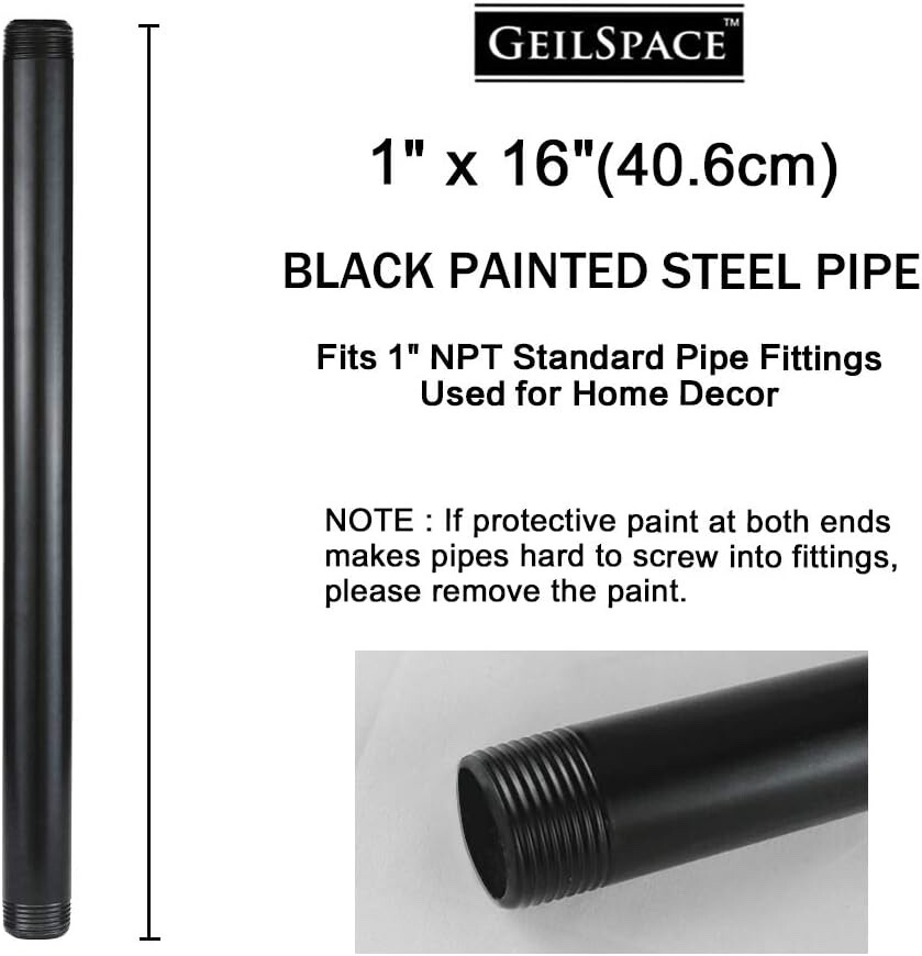 4-Pack GEILSPACE 1" x 16" Black Industrial Threaded Metal Pipe NPT 1" DIY