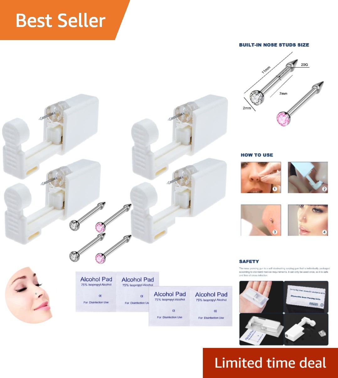 4-Pack Disposable Self Piercing Kit with Built-in Nose Studs, Very Safe Pierc...