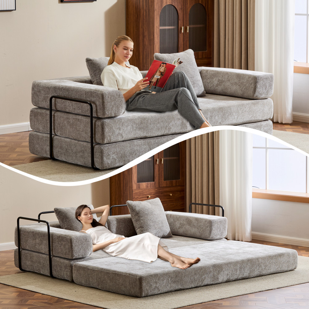 3 Seat Convertible Floor Sofa Bed with Memory Foam - Chenille Futon Couch