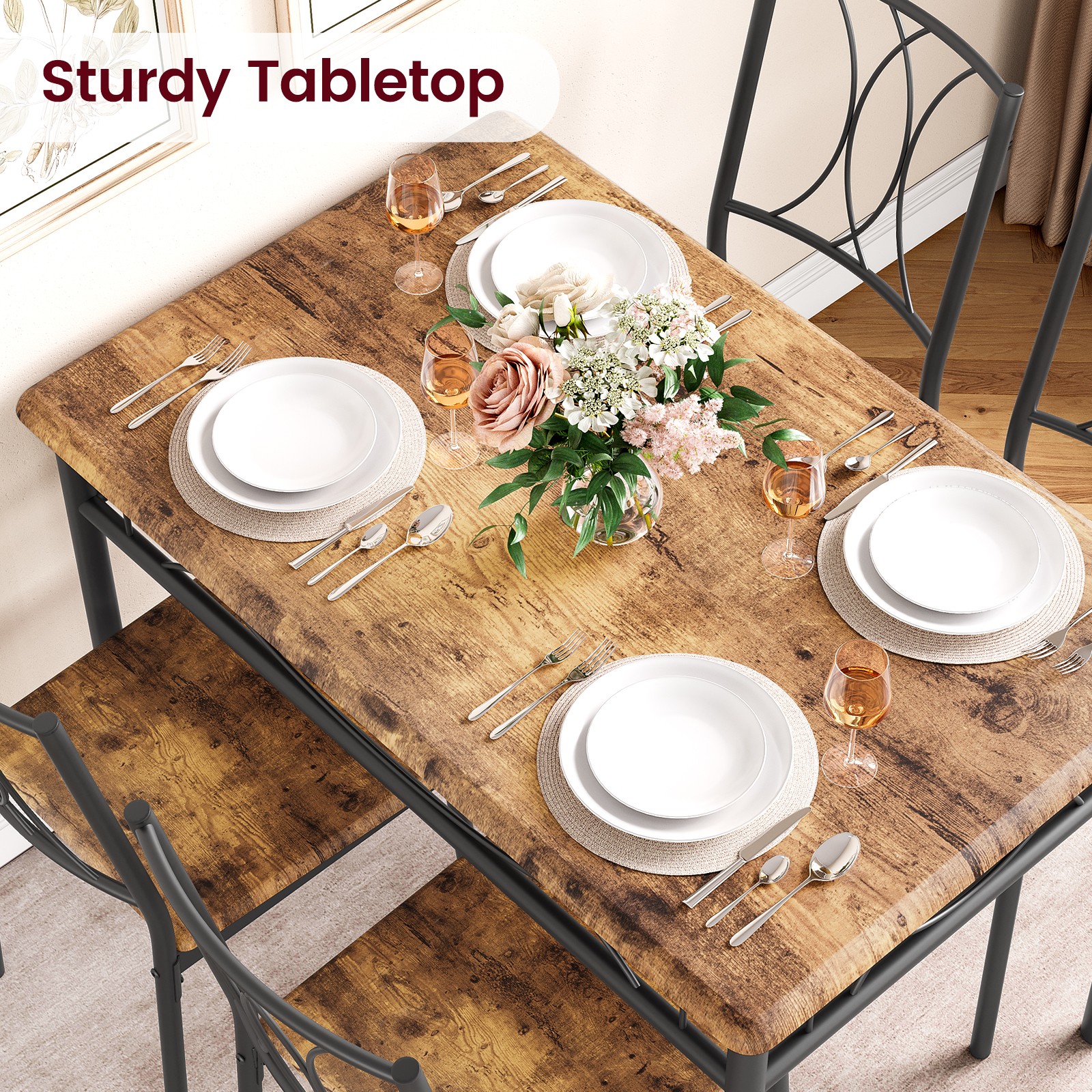 5 Piece Dining Table Set for 4 Rectangular Metal & Wood Table with 4 Chairs