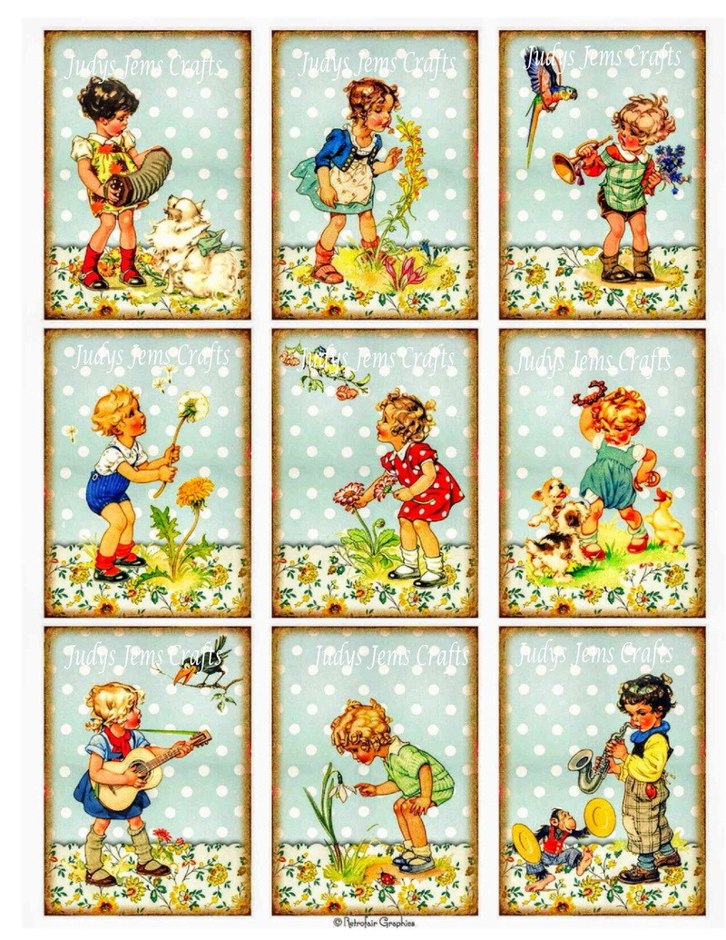 9 Retro Style Spring Kids Pocket Letter Cards~Journal~Scrapbook~Card Crafts~324N