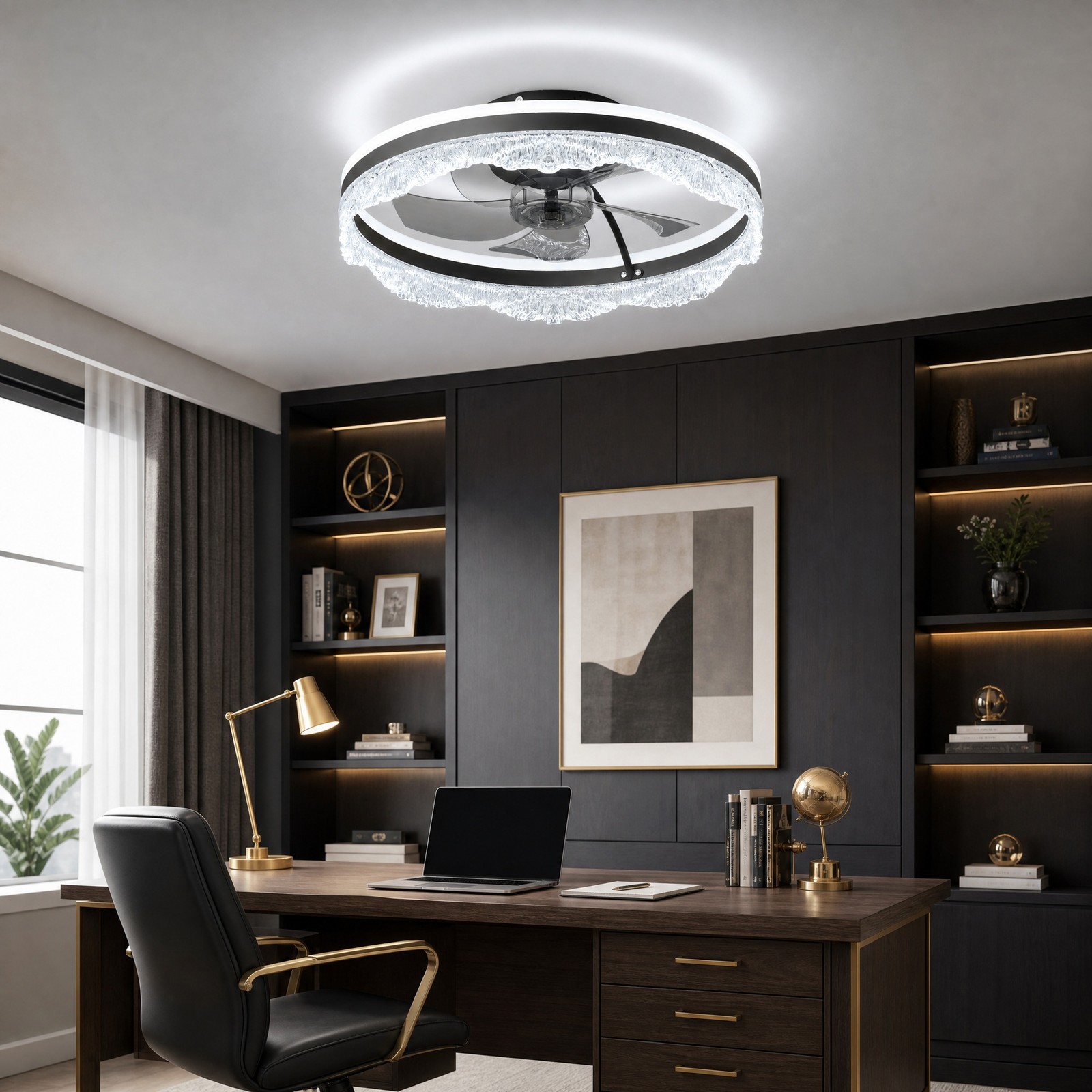 20'' Ceiling Fan LED UP Down Light Wave Design Flush Mount Remote APP Control