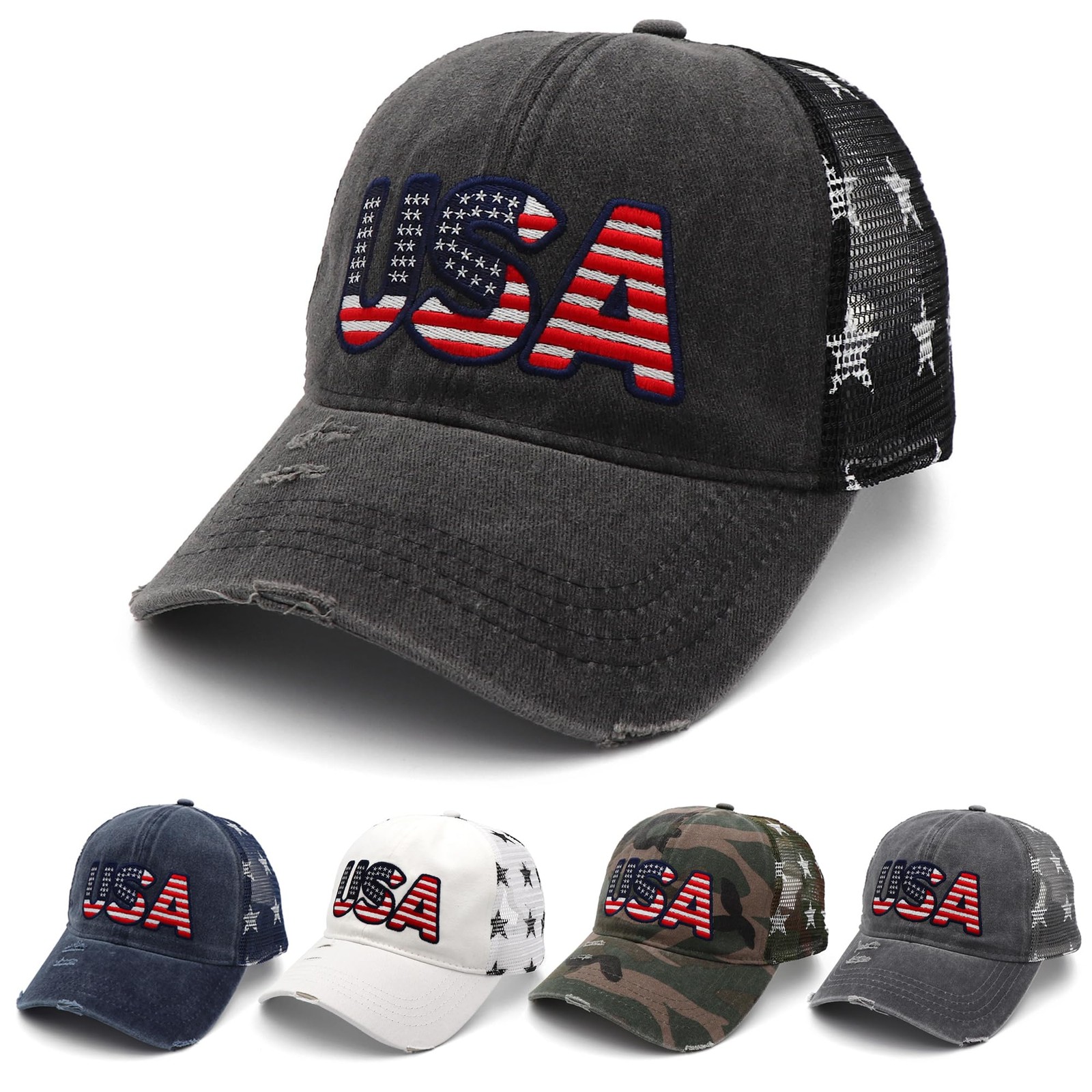 4th of July Hat - American Flag USA Trucker hat for Women Men One Size, Black