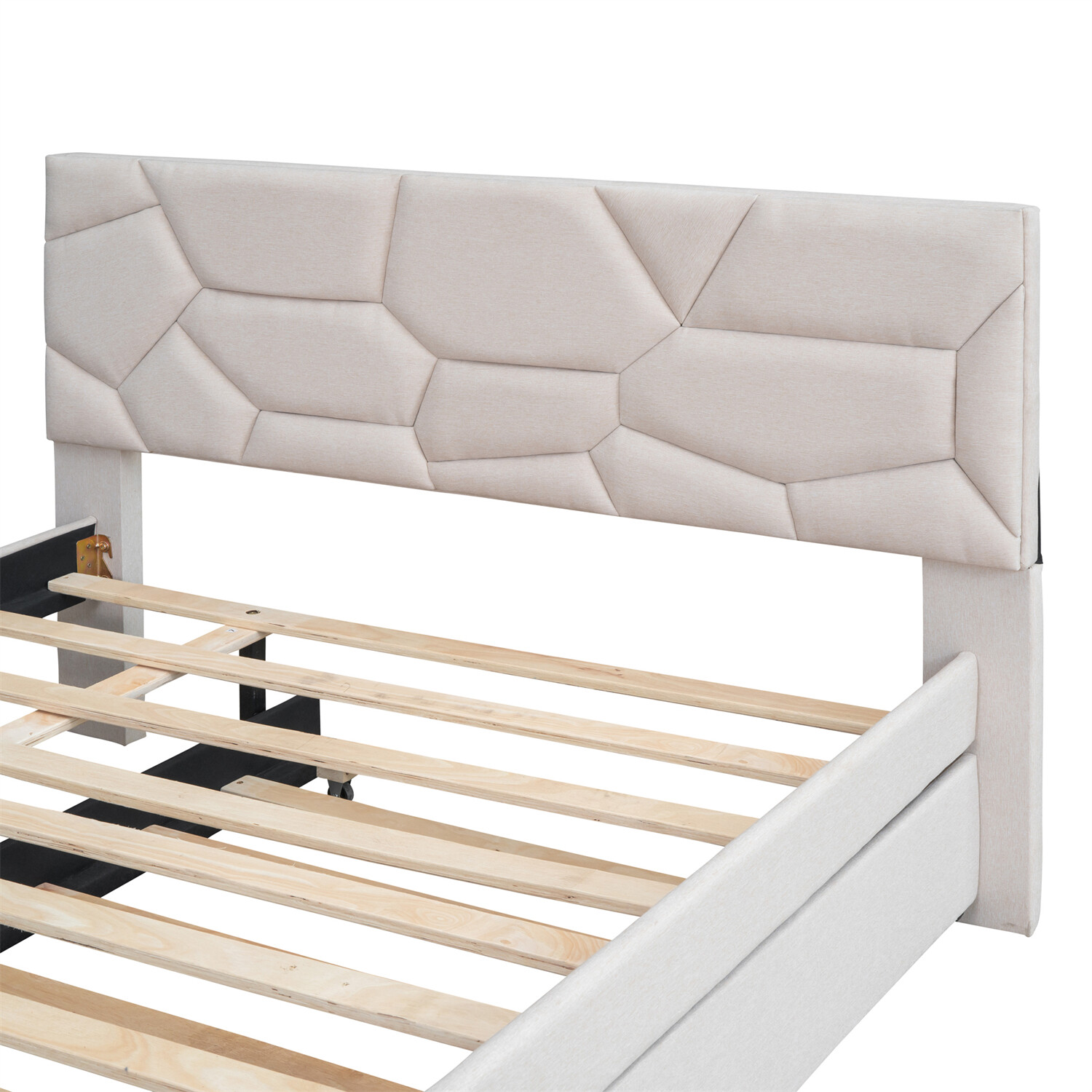 Full/Queen Size Bed Frame Upholstered Platform Bed w/ Headboard Beige/Gray