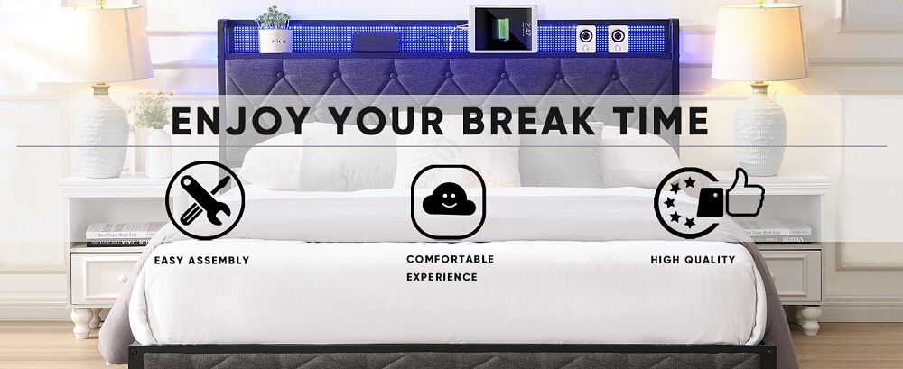 Full Size Bed Frame w/ LED Headboard, Storage & Platform, Outlet, USB Ports