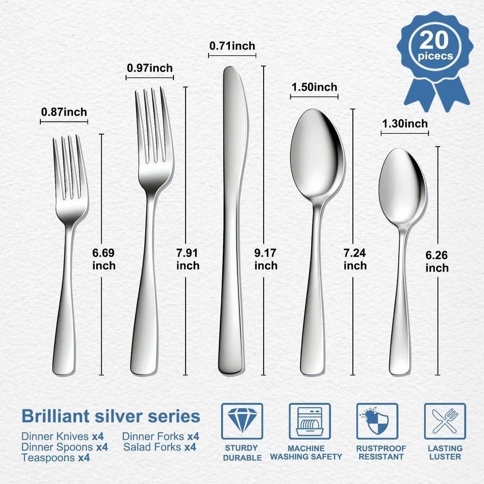 20 Piece Silverware Set - Stainless Steel Silverware Sets for 4 Include Spoon...