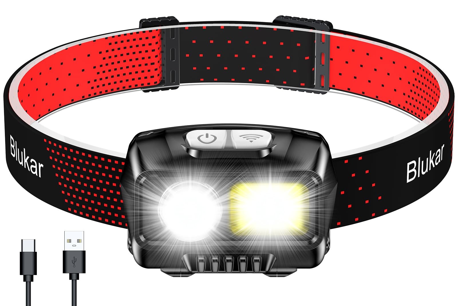 Rechargeable LED Headlamp 2000L Dimmable, Motion Sensor, 8 Modes, Waterproof