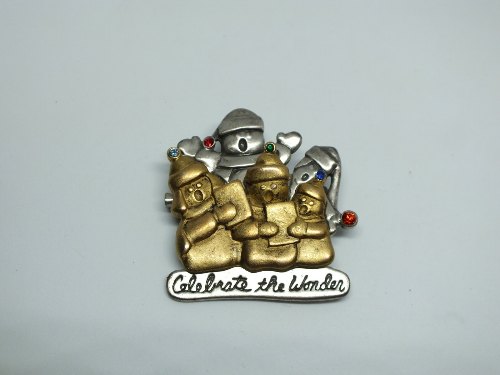 Beautiful Brooch Silver Gold Tone Christmas Carolers Rhinestones Celebrate Wonde