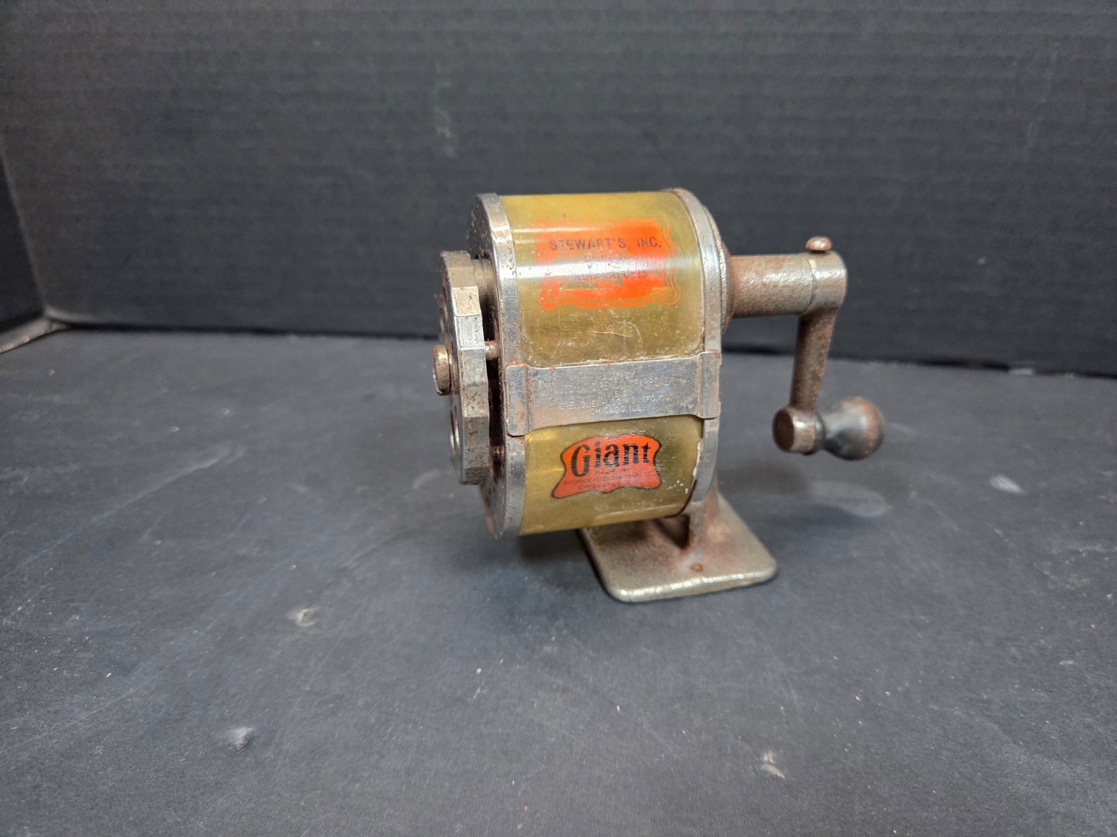 Vintage Antique Giant Automatic Pencil Sharpener orange with advertising