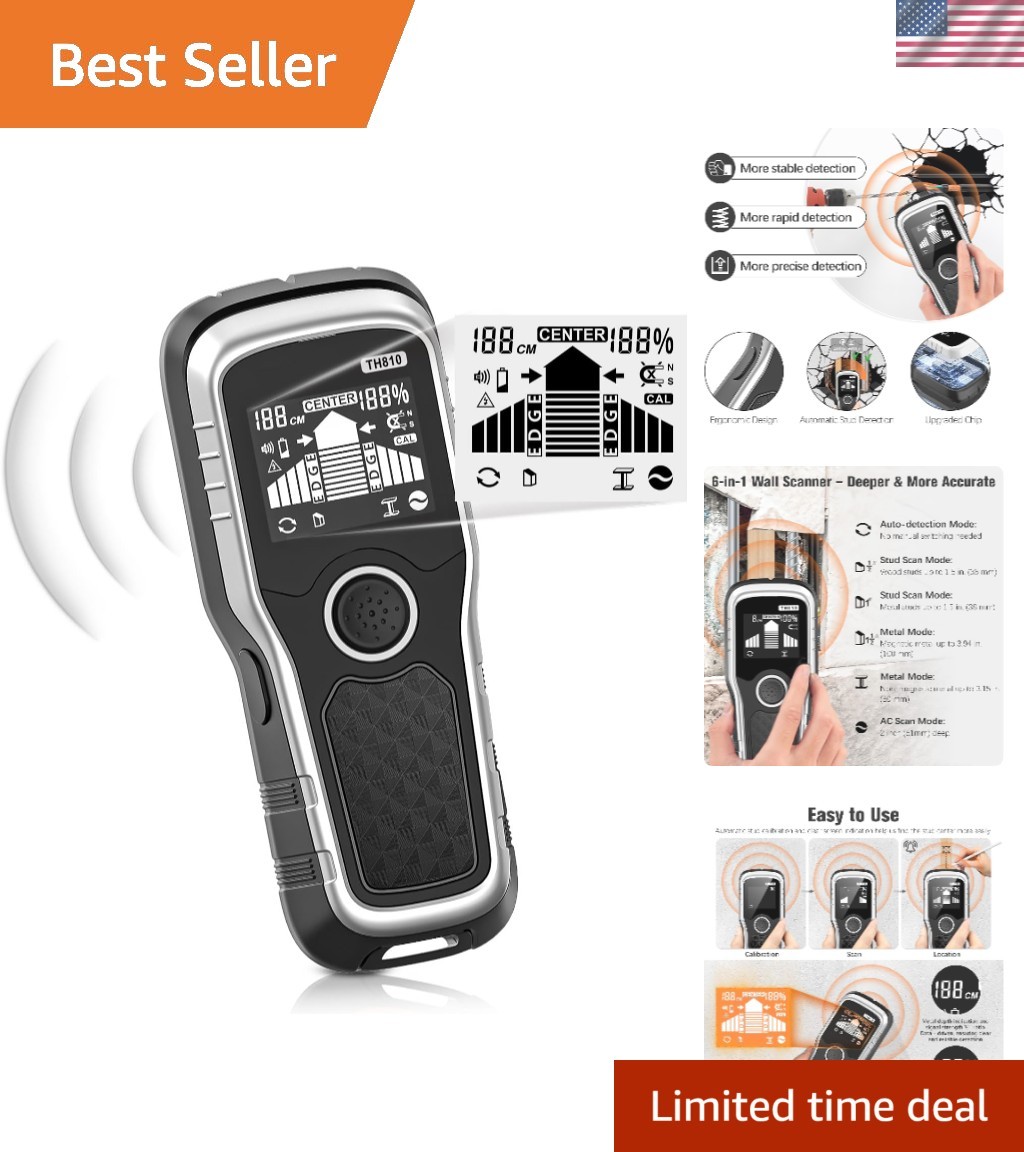 Lightweight 6-in-1 Stud Finder Wall Scanner for Wood, Metal, & Wires Detection