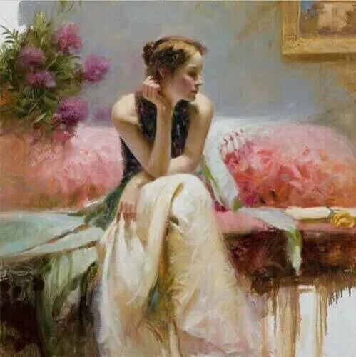 MQ671 Stretched Canvas Frame / Unframed Handmade Girl Sitting Sofa Oil Painting