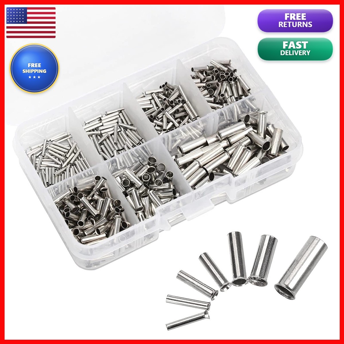 Teansic 600Pcs 7 Sizes Tinned Copper Wire Ferrules AWG22-10 Crimp Terminals