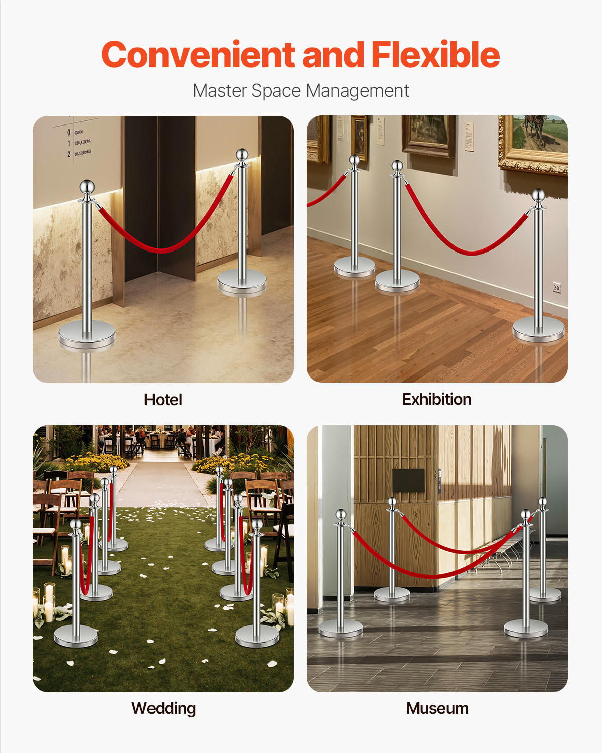 6 Pcs Silver Stanchion Post 3 Red Velvet Ropes Sand Injection Hollow Base