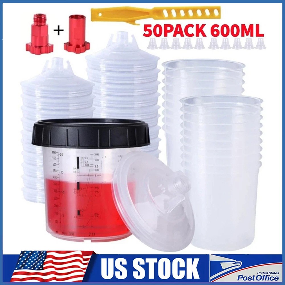 50 Pack PPS CUPS Disposable Paint Spray Gun Cup Liners and Lid System (125 Mic)