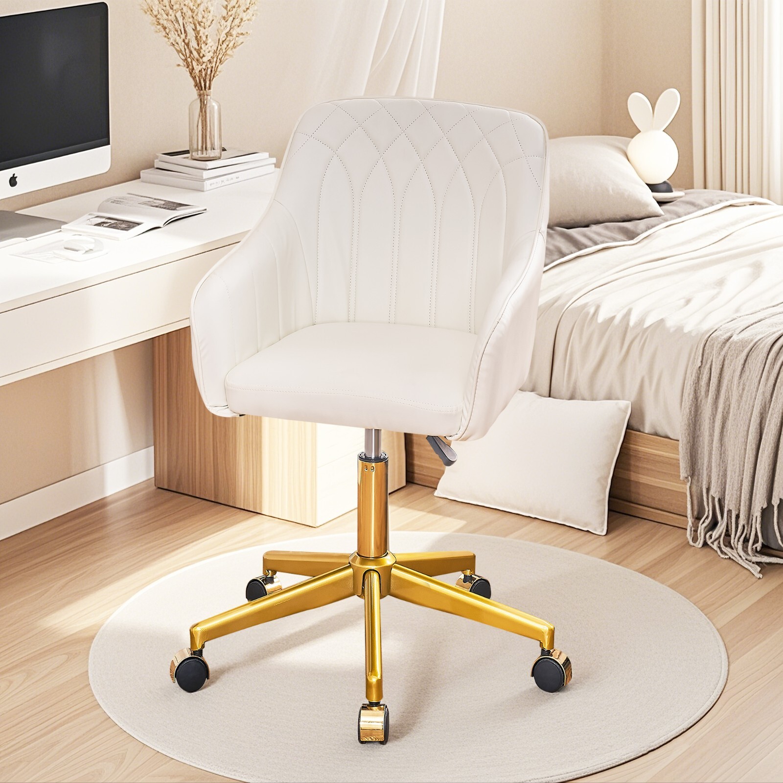 PU Leather Home Office Chair Height Adjustable Stools with Gold Metal Base White