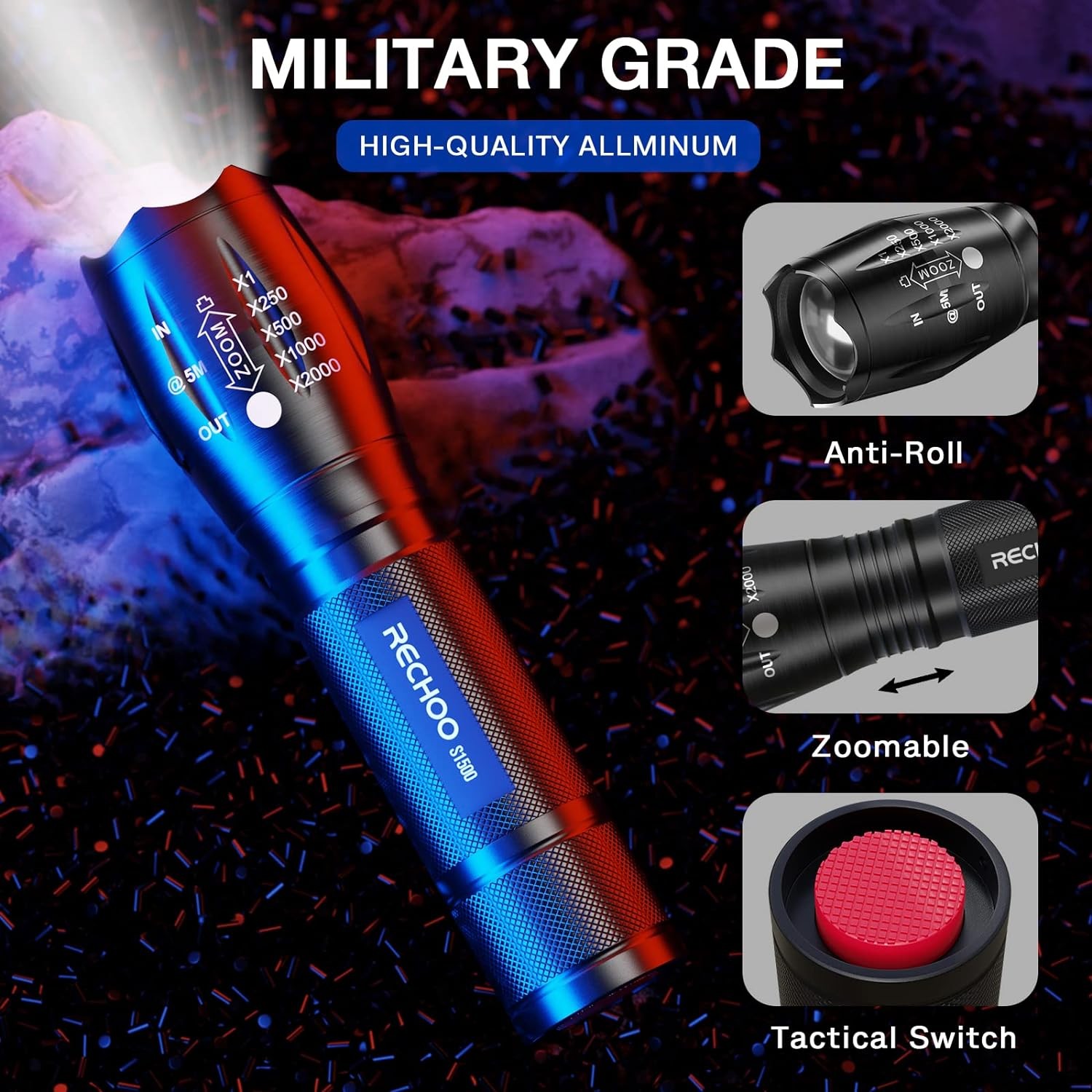 2 Pack LED Flashlights High Lumens Zoomable Waterproof Tactical Torch
