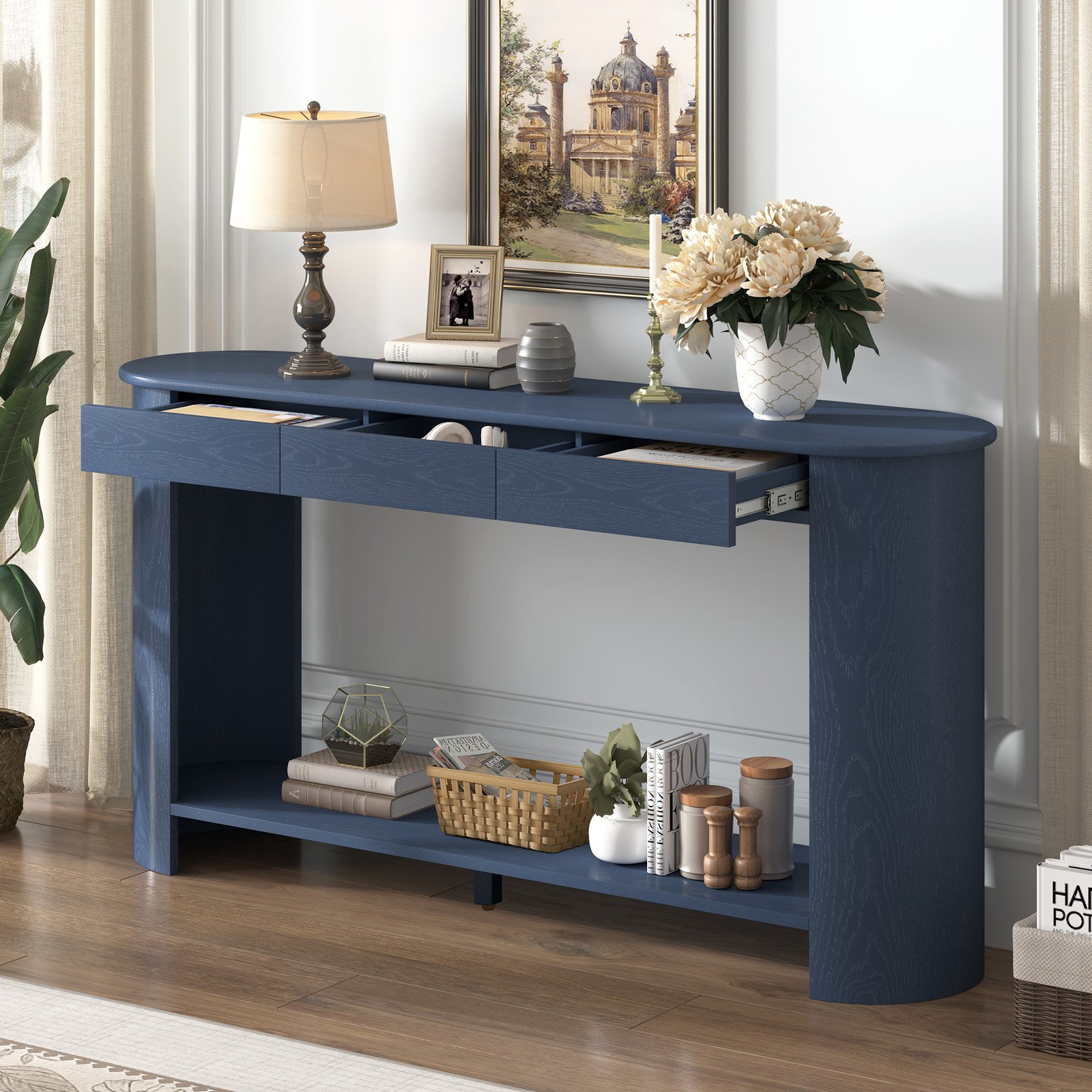 U_Style 59.8'' Modern Oak Veneer Console Table with 3 Drawers,Farmhouse Entrywa