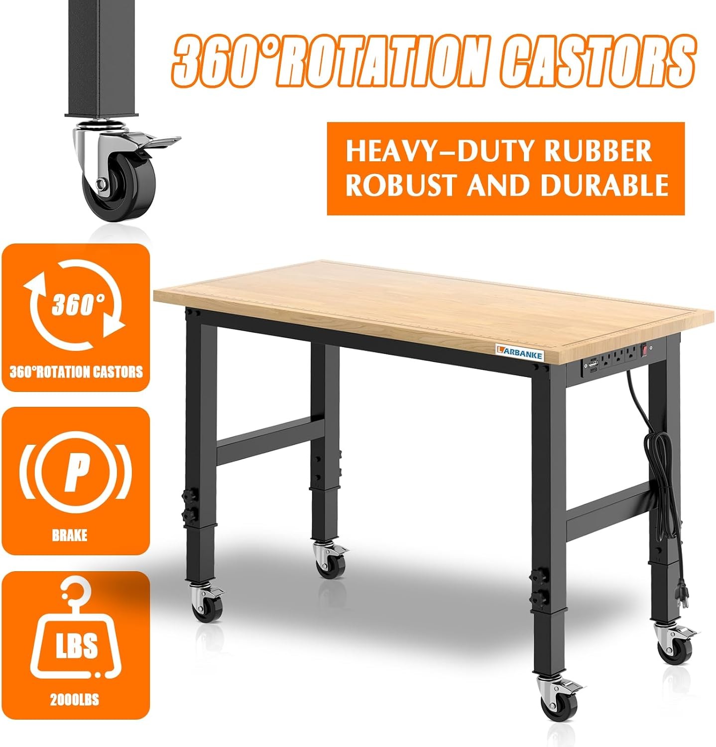 48" Adjustable Workbench with Wheels Heavy-Duty Rubber Wood Worktable with