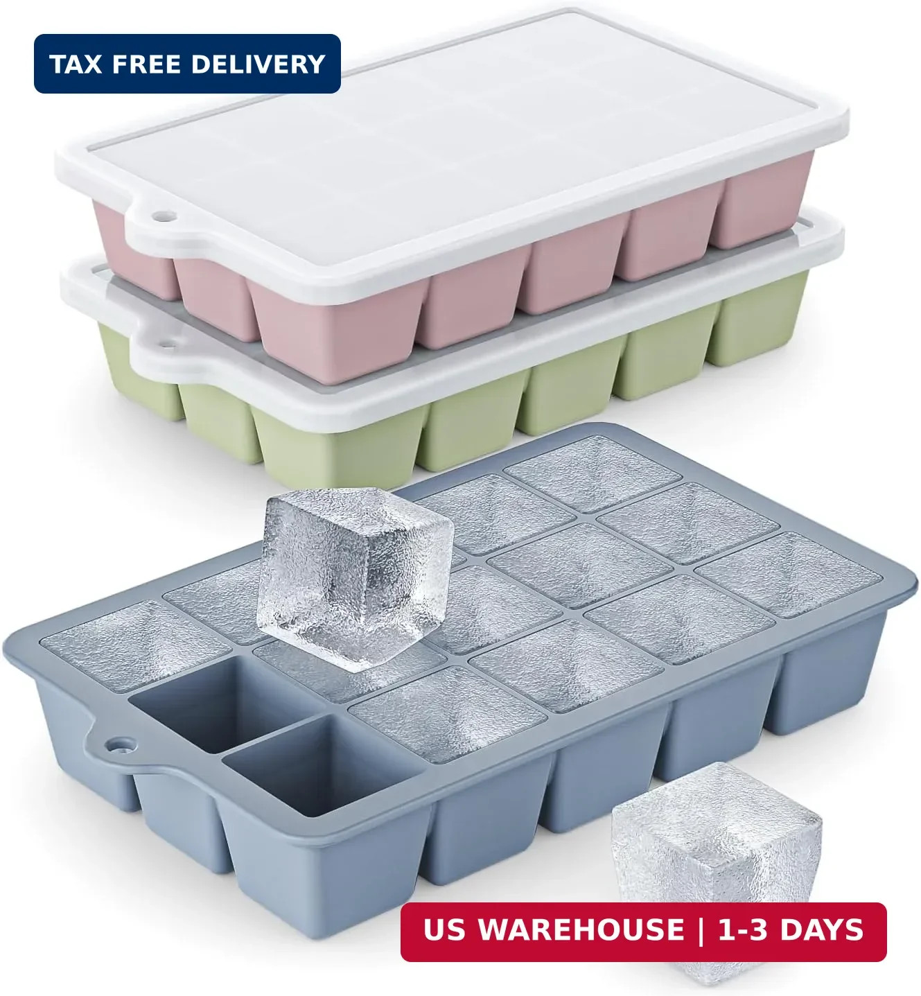 Silicone Ice Cube Tray 3 Pack - EASY RELEASE ice cube tray with lid, BPA Free Ic