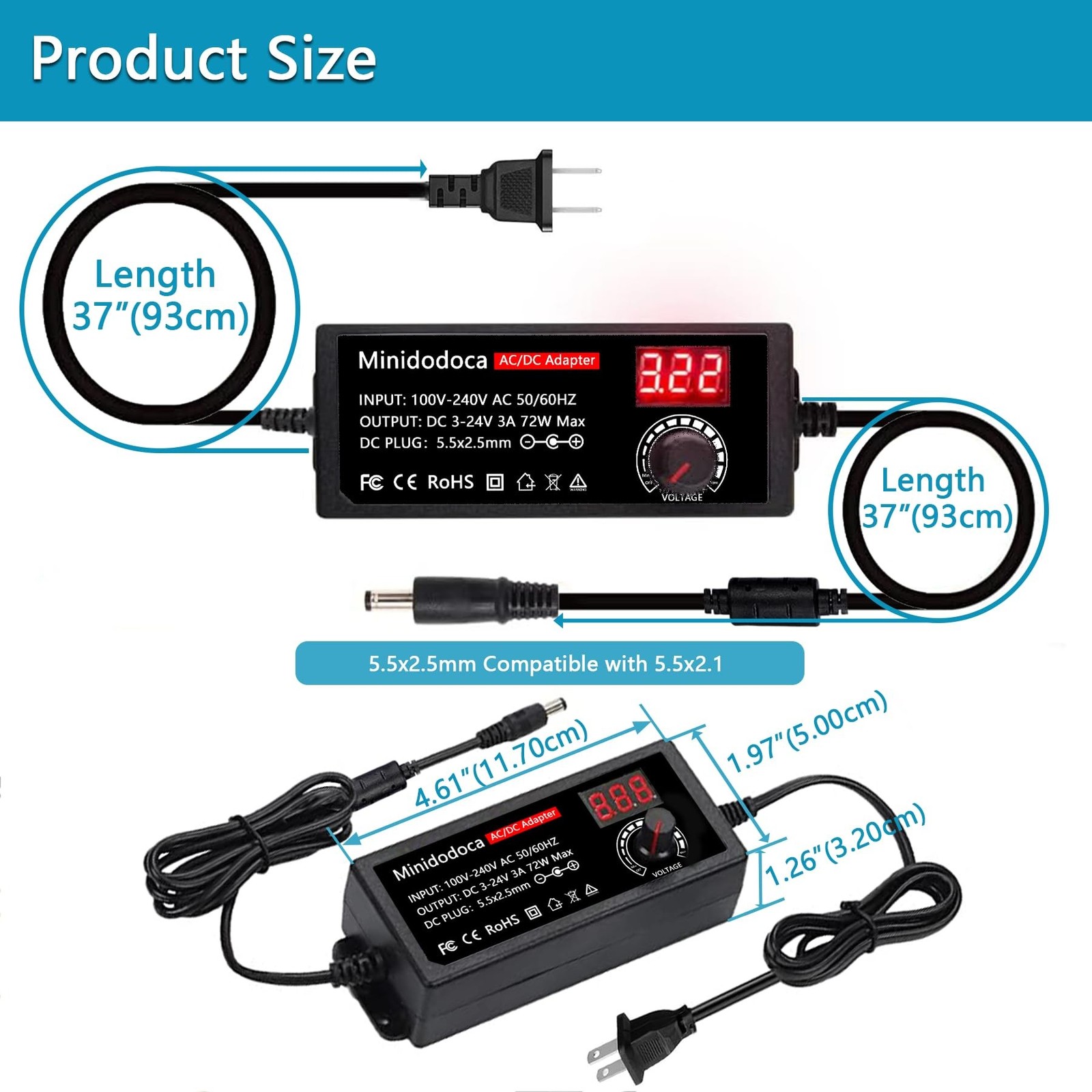 72W Power Supply Adjustable 3V ~ 24V Variable Universal Switching AC/DC Adapt...